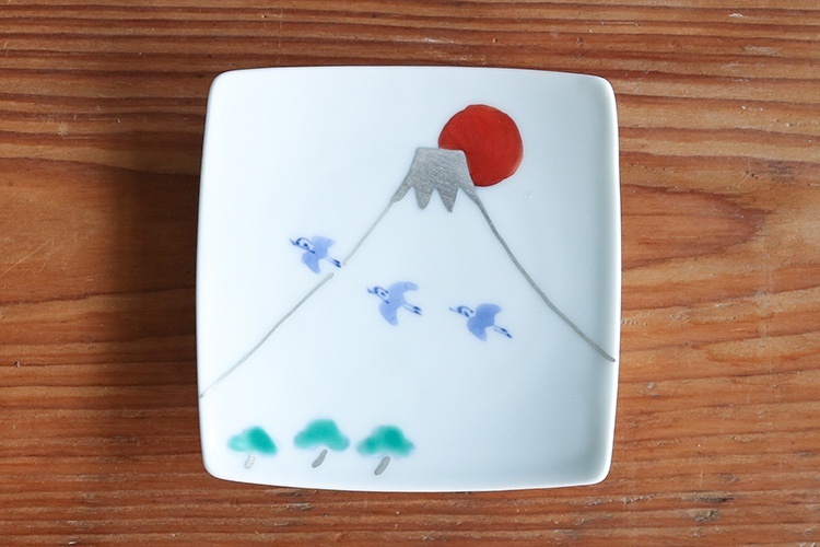 福珠窯-色繪銀彩/千鳥富士9cm角小皿