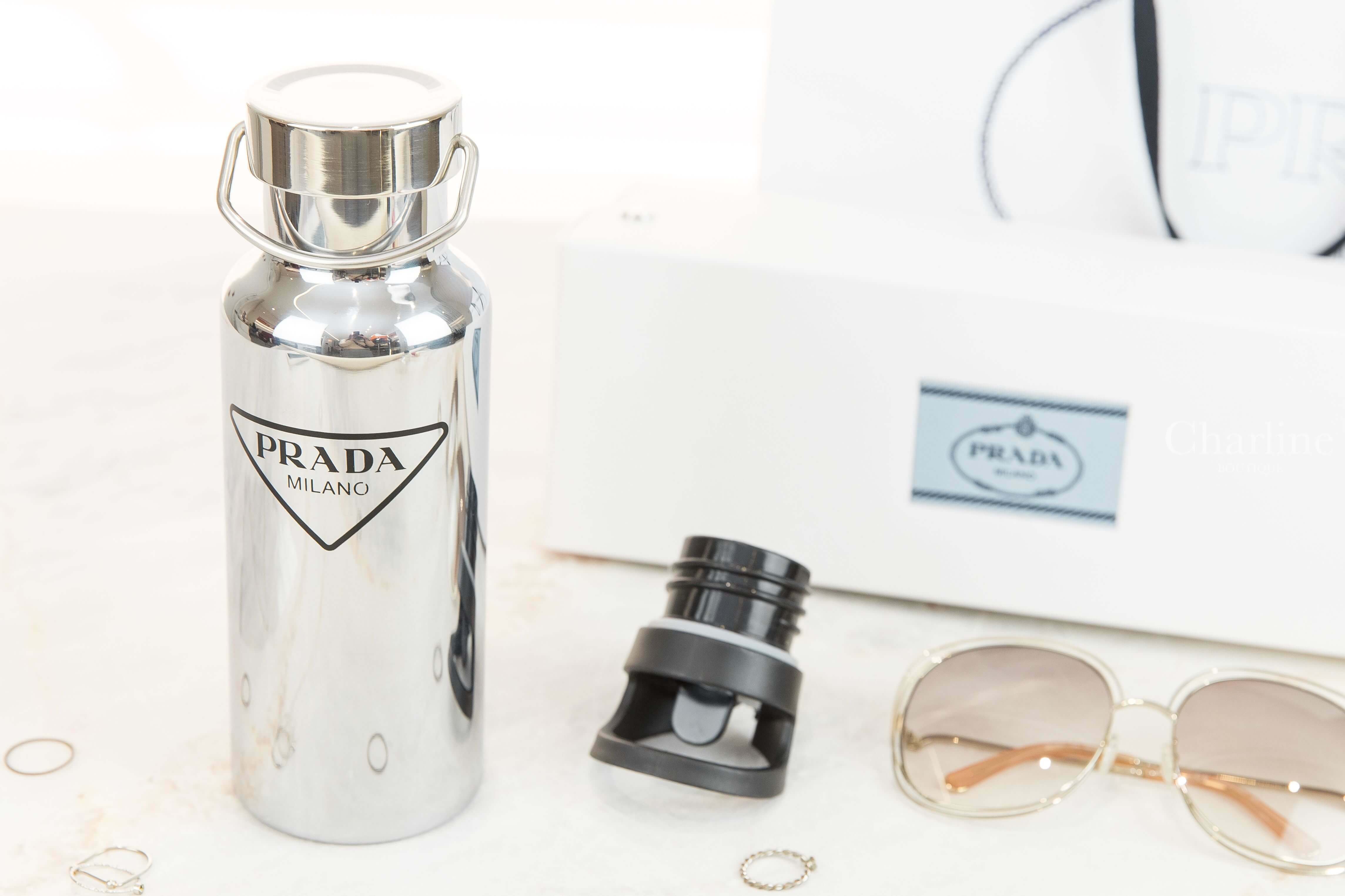 Prada Stainless Steel Water Bottle, 500 ml 銀色三角黑字不鏽鋼水壺-Charline Boutique 精品代購