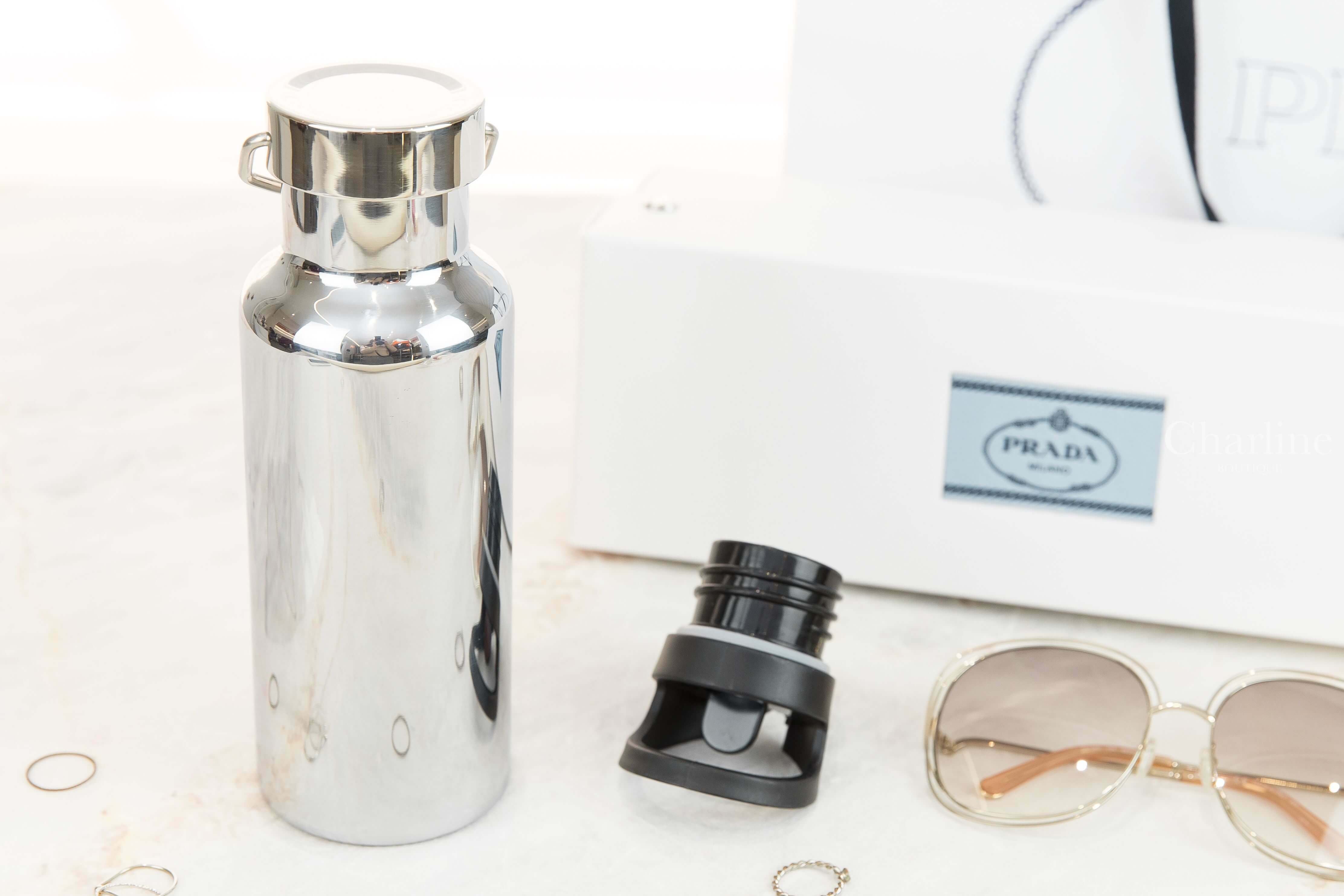 Prada Stainless Steel Water Bottle, 500 ml 銀色三角黑字不鏽鋼水壺-Charline Boutique 精品代購