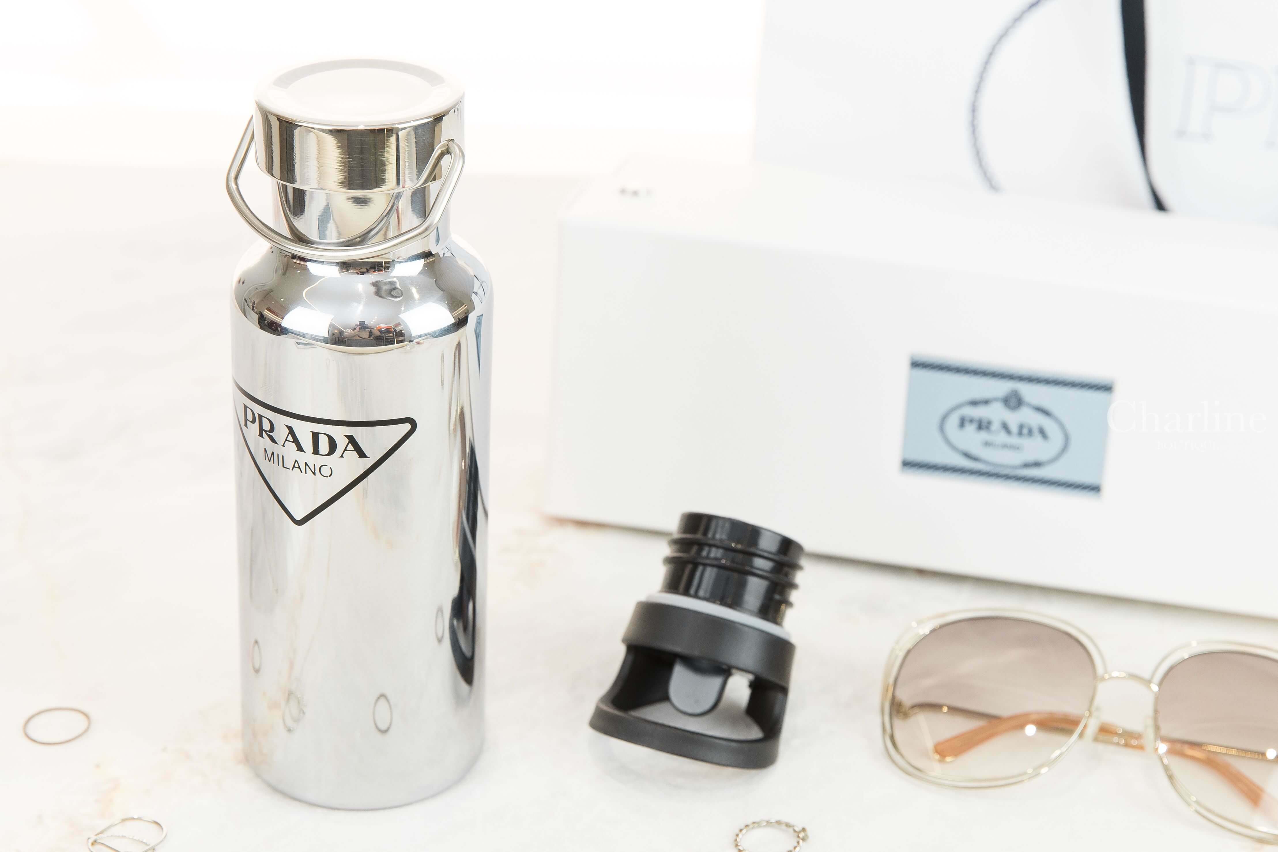 Prada Stainless Steel Water Bottle, 500 ml 銀色三角黑字不鏽鋼水壺-Charline Boutique 精品代購