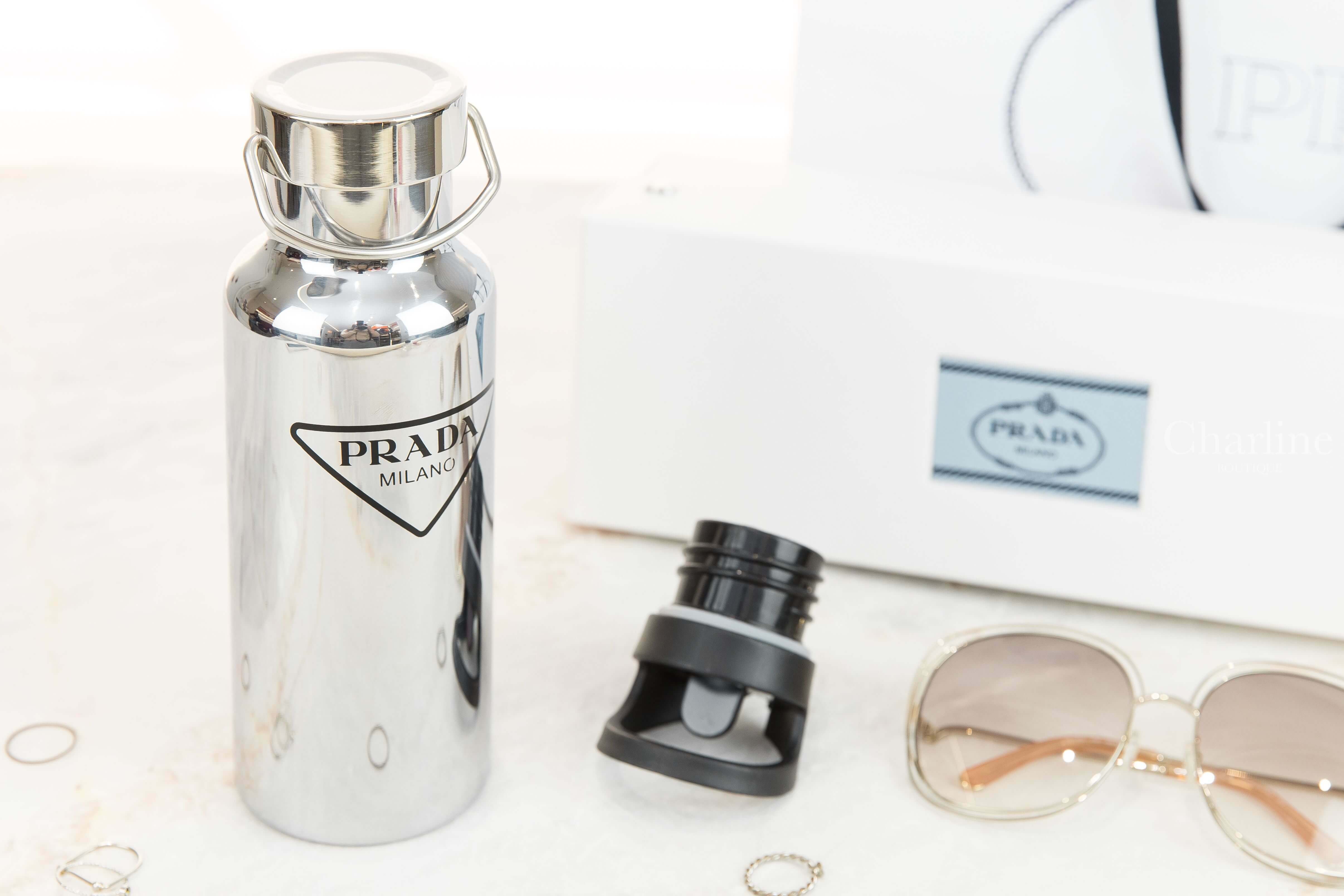 Prada Stainless Steel Water Bottle, 500 ml 銀色三角黑字不鏽鋼水壺-Charline Boutique 精品代購
