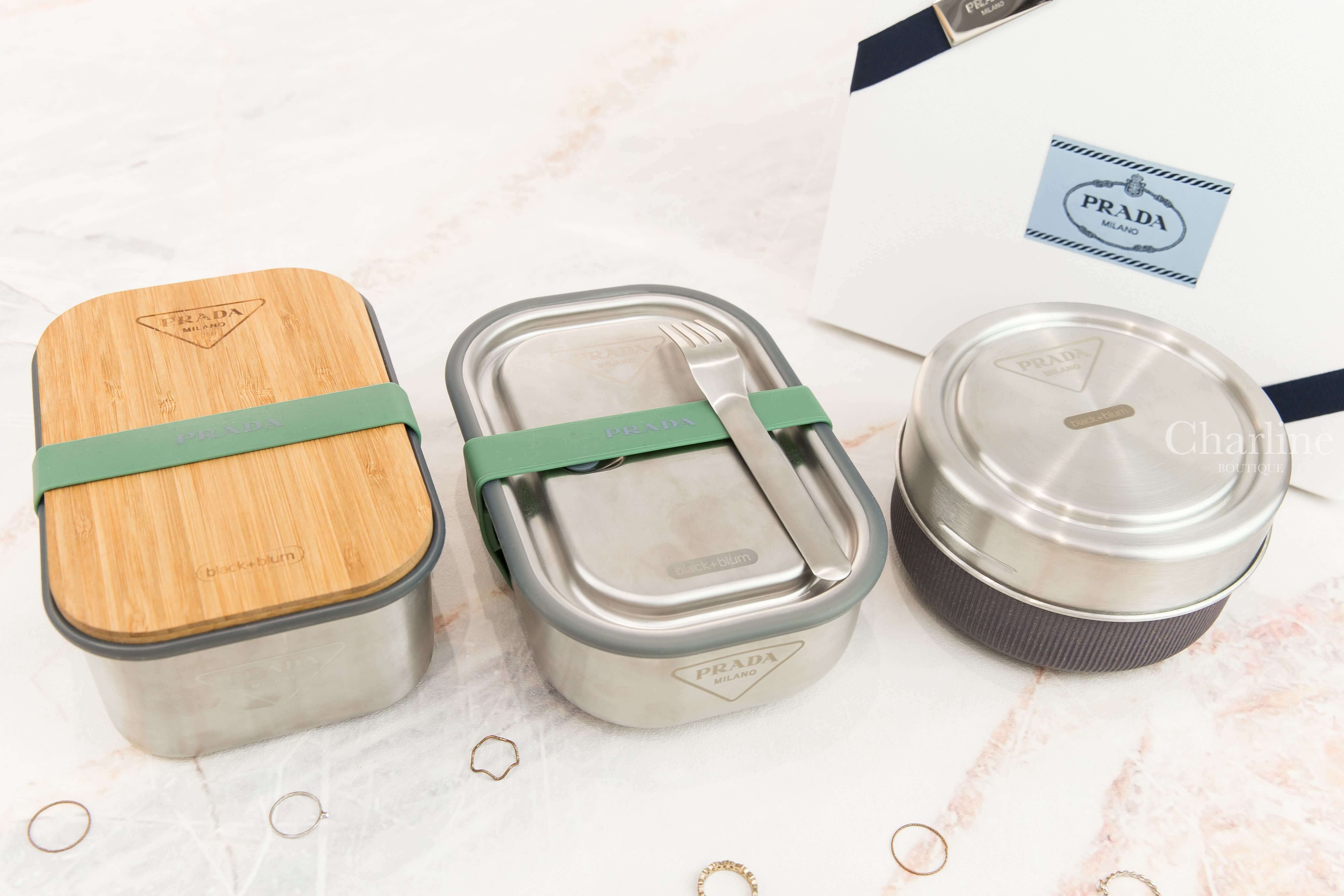 Prada Sandwich Box 金屬灰竹蓋不鏽鋼三明治盒,Prada Lunch Box 金屬灰不鏽鋼附叉子午餐盒,Prada Glass Lunch Bowl 金屬灰玻璃碗不鏽鋼碗蓋-Charline Boutique 精品代購
