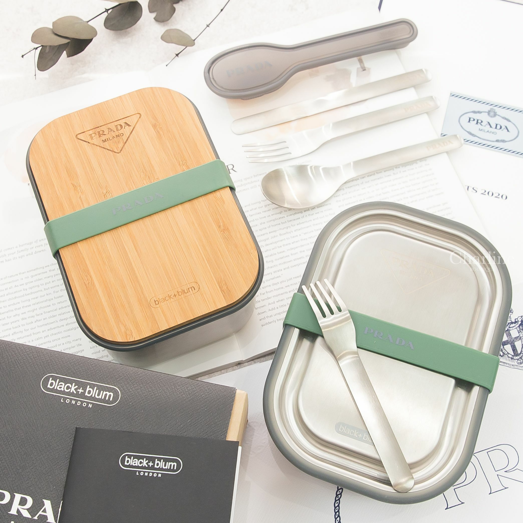 Prada Sandwich Box 金屬灰竹蓋不鏽鋼三明治盒,Prada Lunch Box 金屬灰不鏽鋼附叉子午餐盒,Prada  Cutlery Set 金屬灰不鏽鋼餐具組-Charline Boutique 精品代購