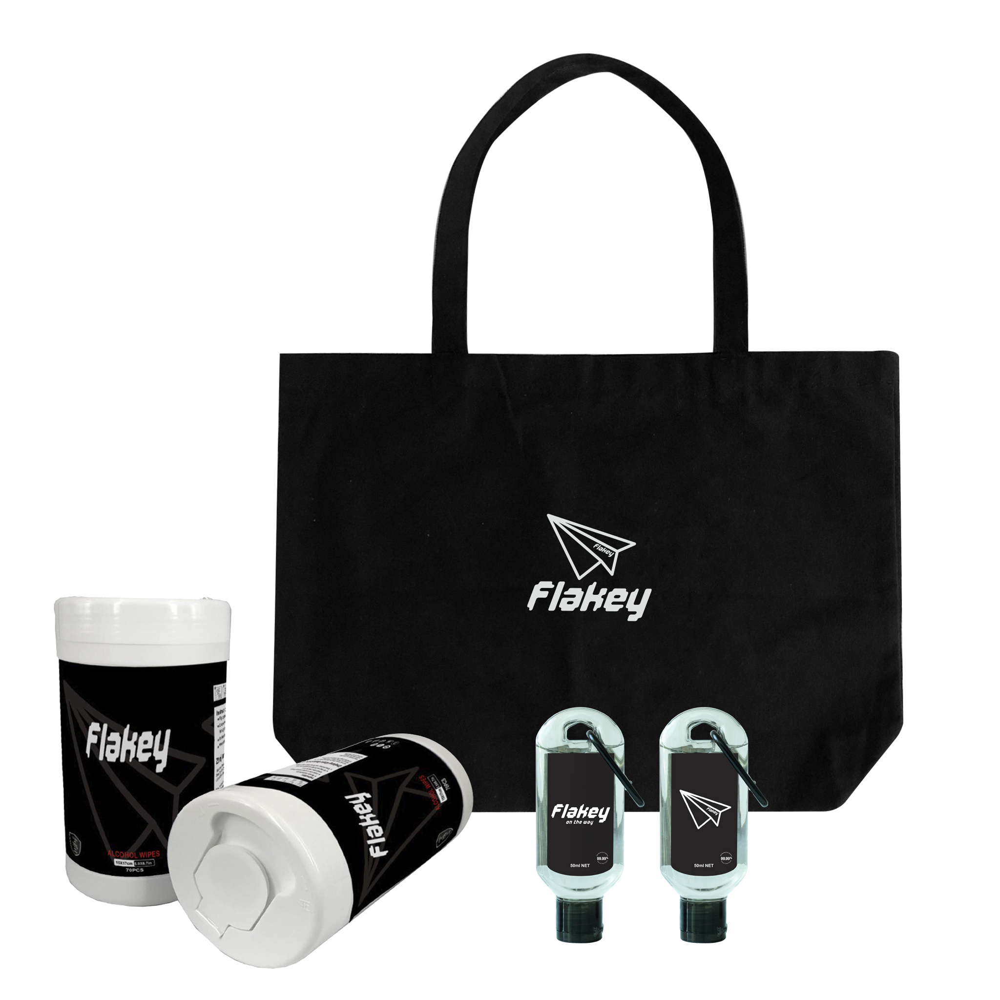 FLAKEY 玄黑手提TOTE BAG套裝 (TOTE BAG,，搓手液,，消毒紙巾，紀念隨意貼，限量聖誕卡)
