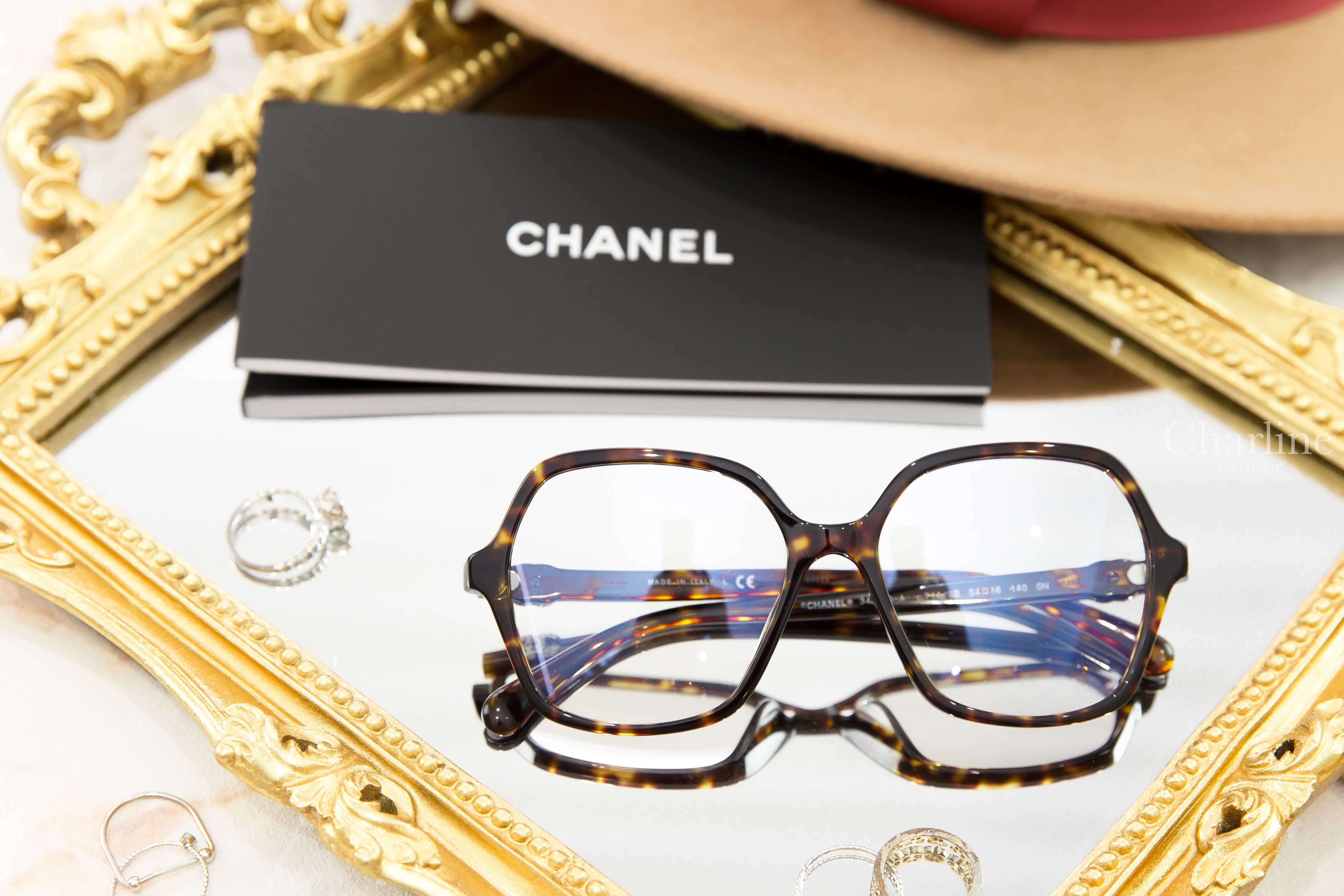 Chanel Butterfly Sunglasses 深棕色玳瑁蝴蝶形側邊黑銀水鑽CC抗藍光鏡片平光眼鏡-Charline Boutique 精品代購
