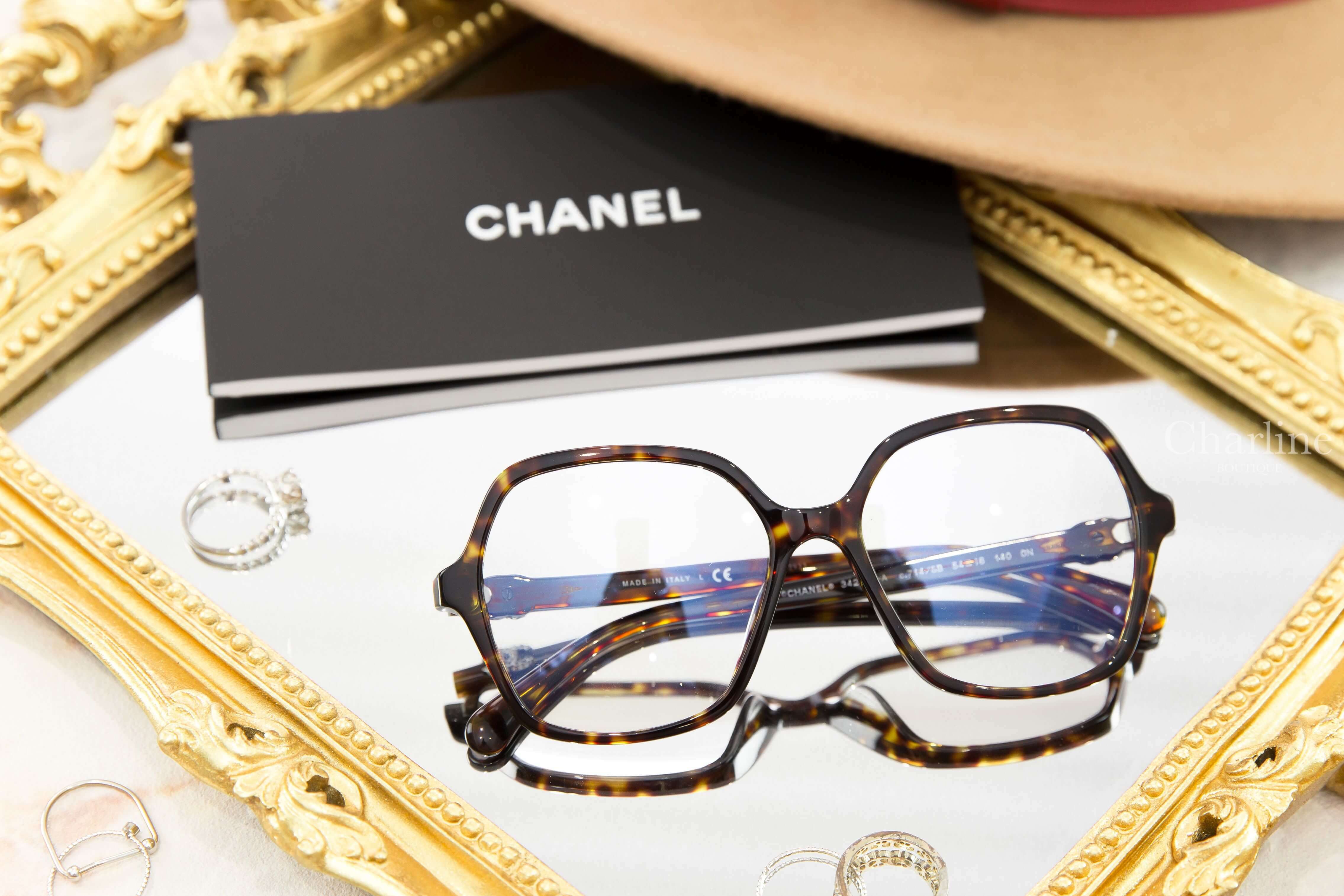 Chanel Butterfly Sunglasses 深棕色玳瑁蝴蝶形側邊黑銀水鑽皮穿鍊CC抗藍光鏡片平光眼鏡