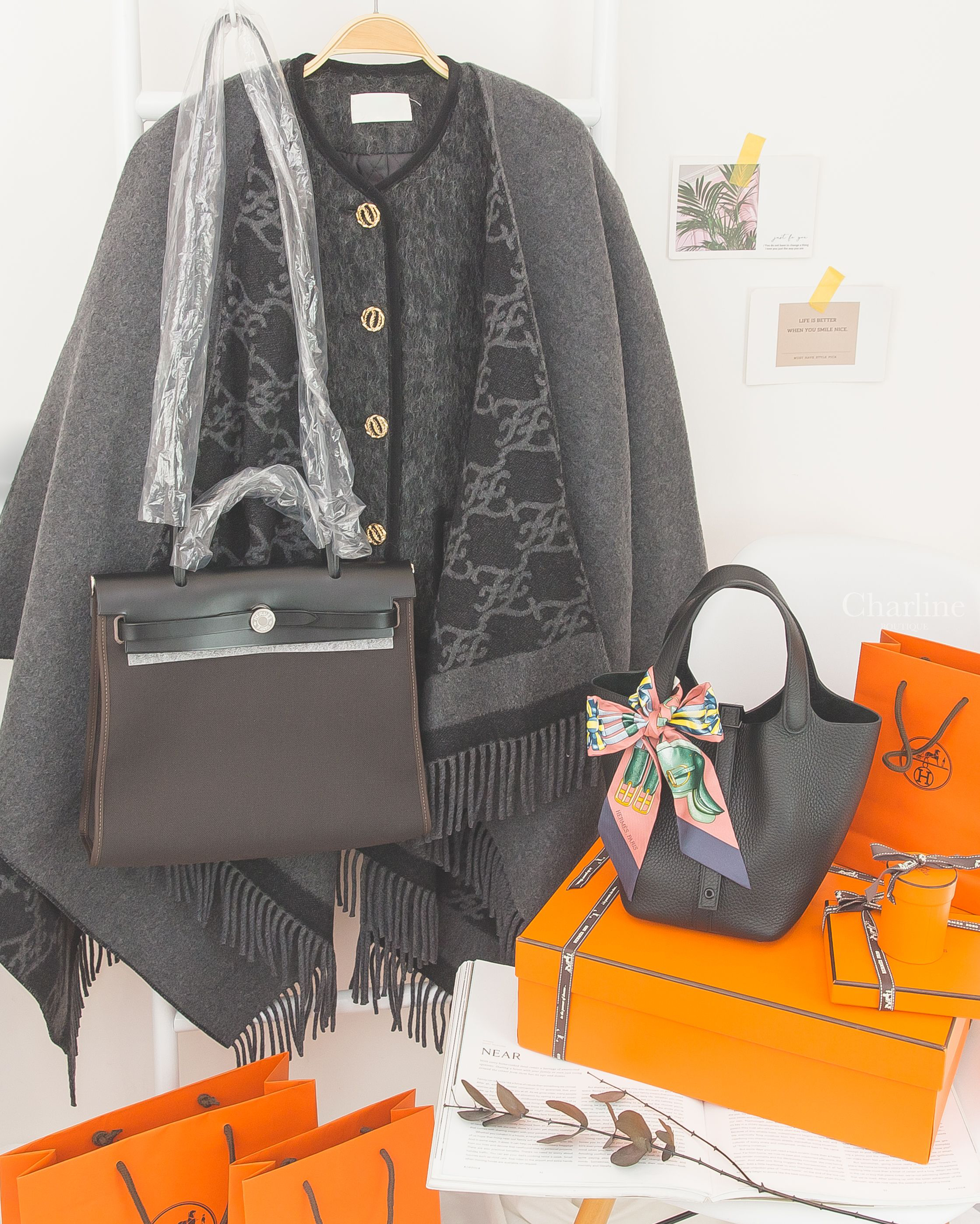 Hermès Herbag Zip 31cm 46 烏木色拼黑色銀釦,Hermès Picotin 18cm 89 黑色黑釦,Fendi Poncho 灰色素面/灰底黑字FF雙面羊毛混喀什米爾流蘇斗篷披肩-Charline Boutique 精品代購
