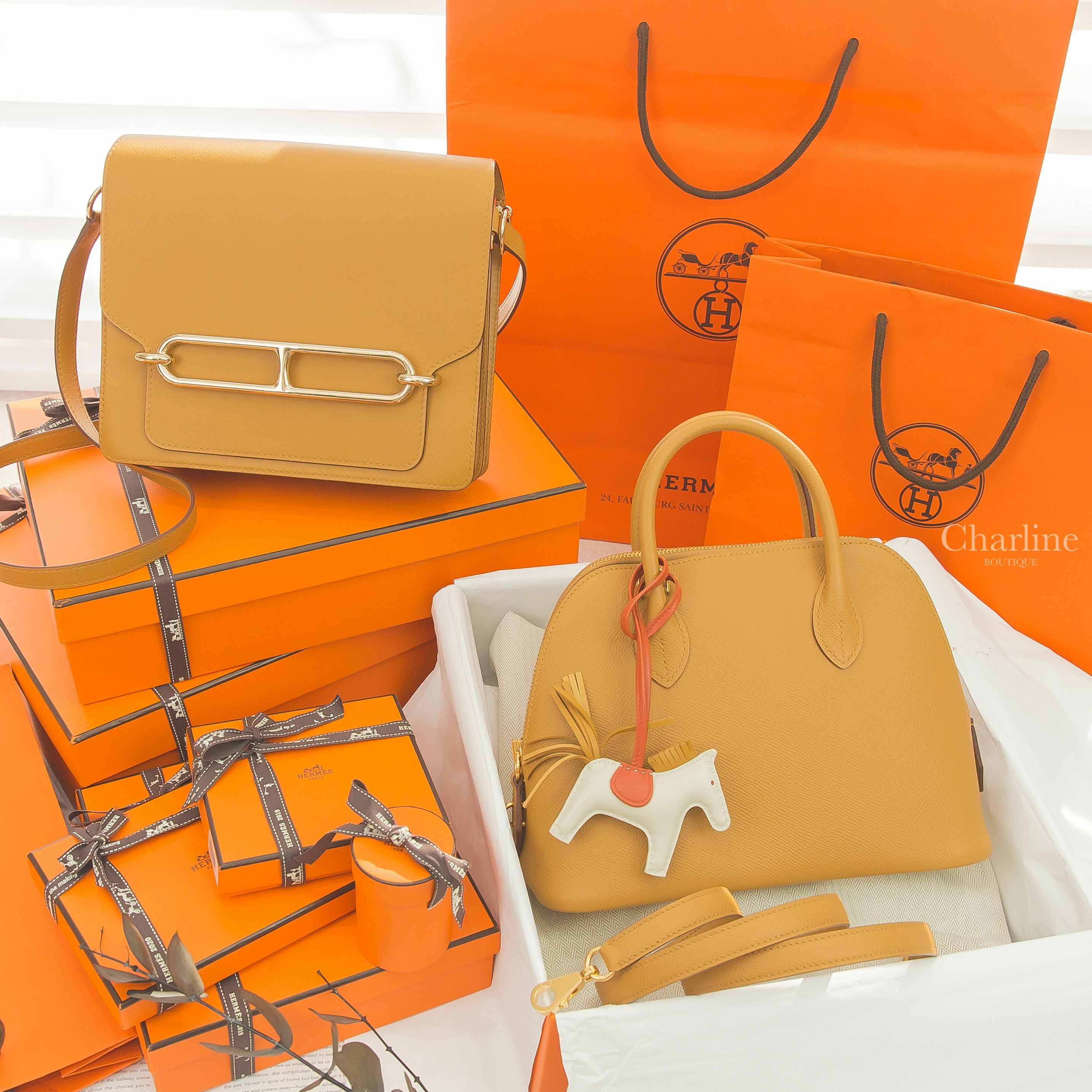 Hermès Roulis 23 Bag 2S Allegro 芝麻黃金釦肩背包,Hermès Bolide 2S Veau Epsom 芝麻黃金釦手提肩背包,Hermès Charm 奶昔白小型小馬吊飾-Charline Boutique 精品代購