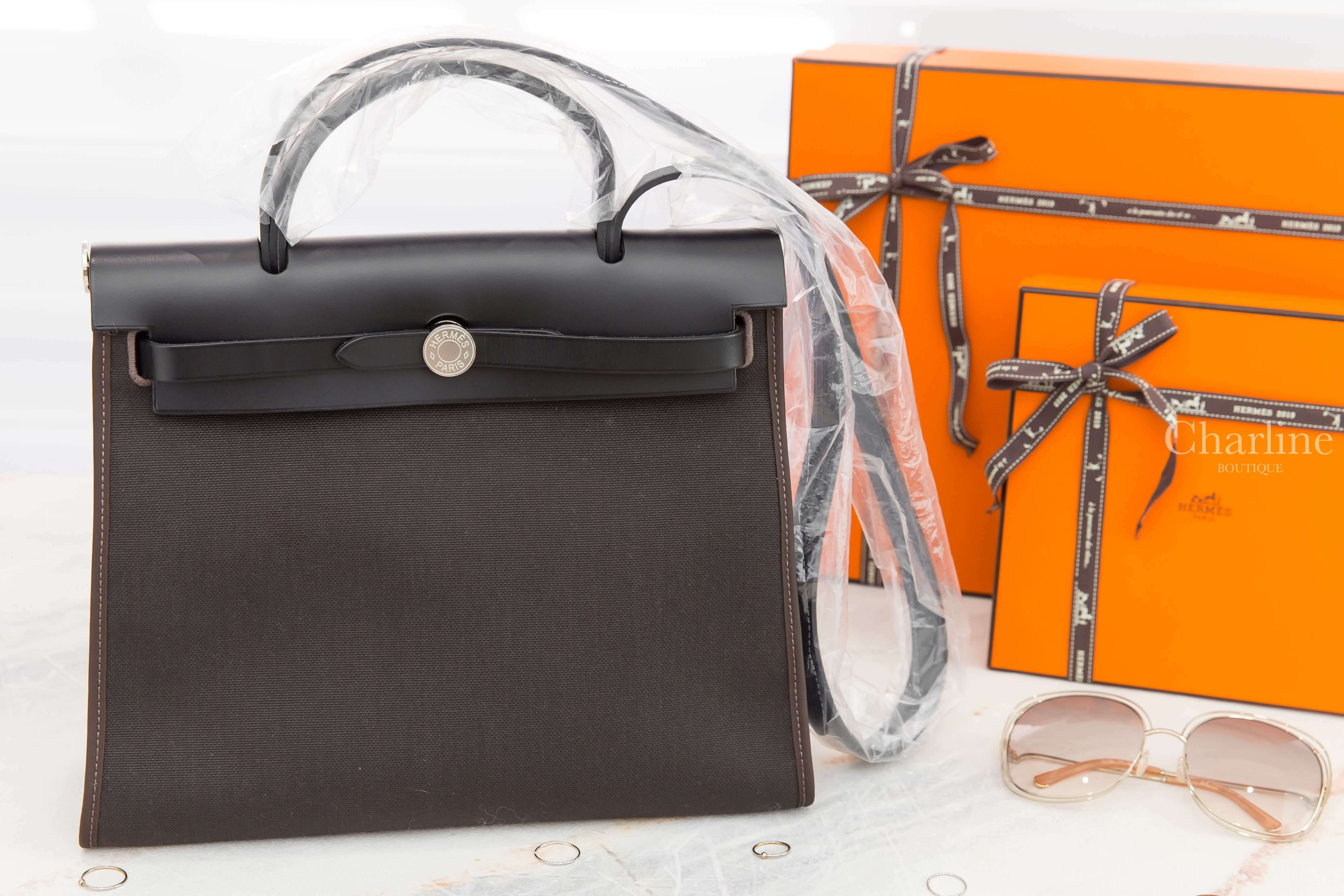 Hermès Herbag Zip 31cm Retourne 46 Ebene Toile Militaire / 89 Noir Vache Hunter 烏木色拼黑色銀釦手提肩背包