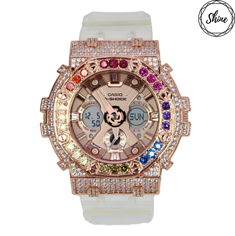 玫瑰金 Mini-G 改裝手錶 GMA-S120SR-7A - 彩虹八角雙圈