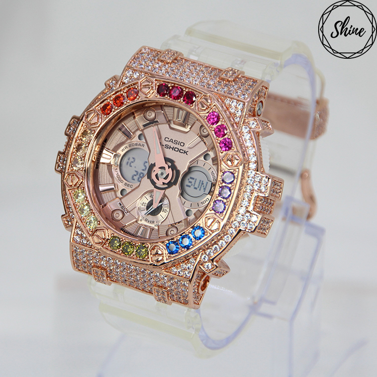 玫瑰金 Mini-G 改裝手錶 GMA-S120SR-7A - 彩虹八角雙圈