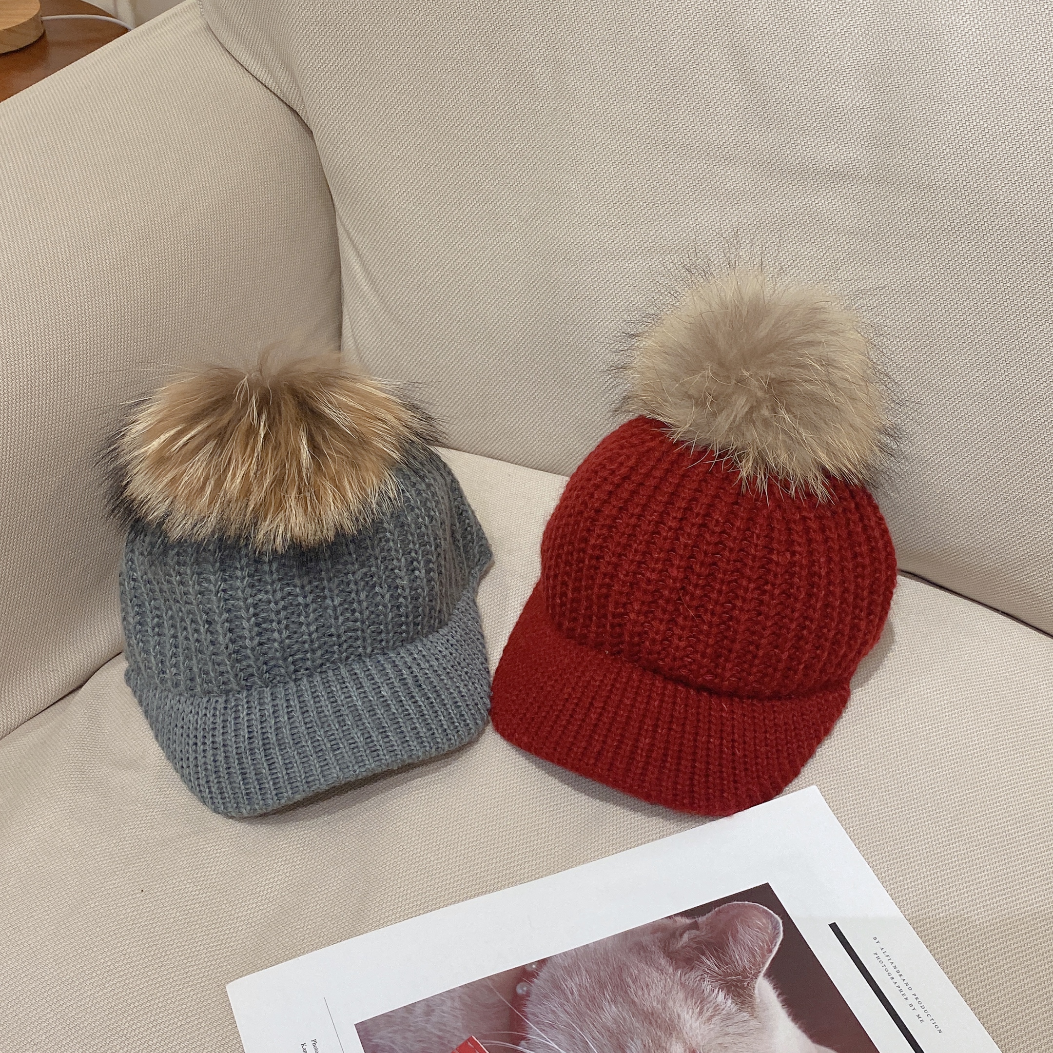 毛球針織騎士帽/現貨灰色/酒紅