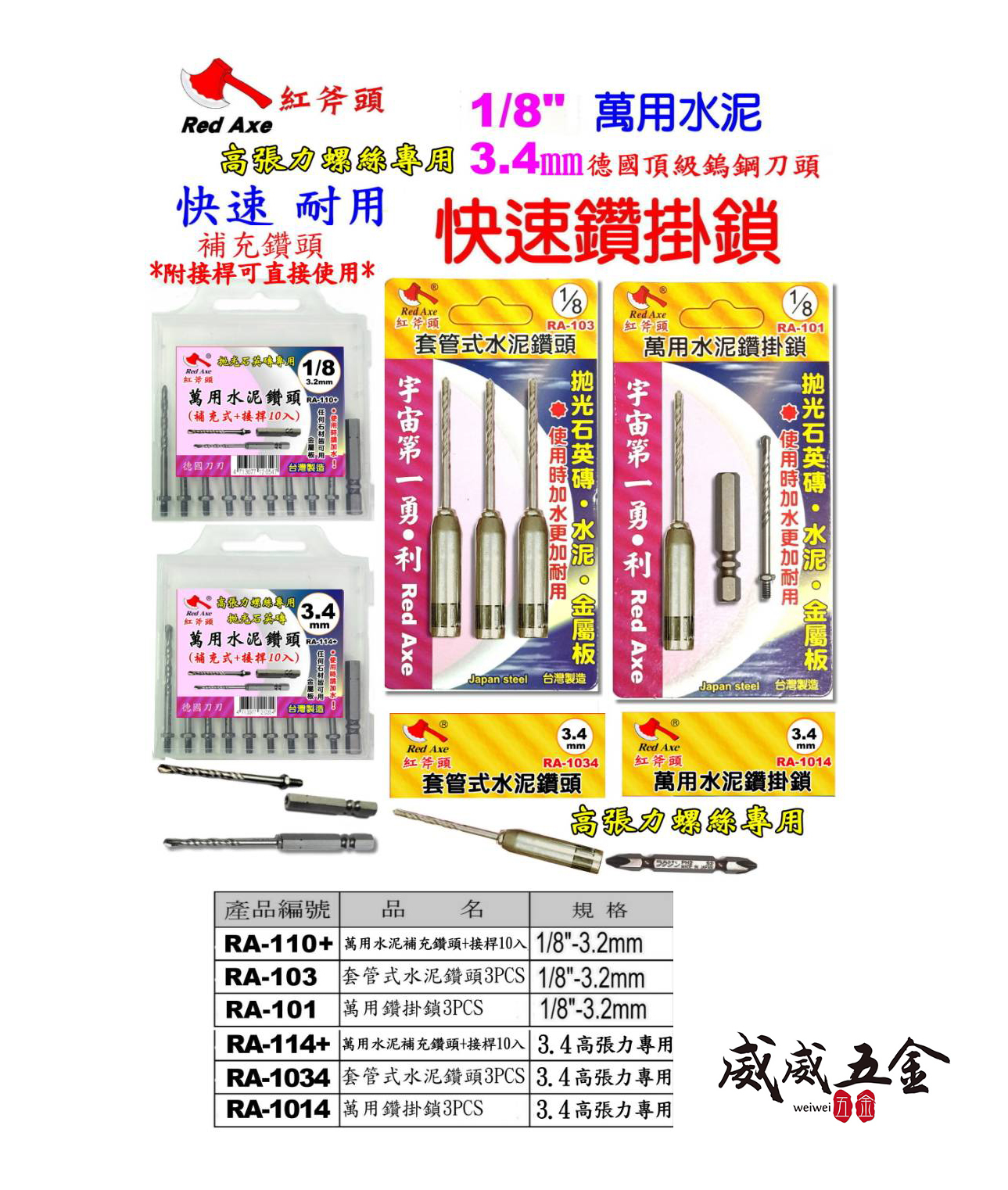 Red Axe 紅斧頭 ｜升級版｜1/8" 3.4mm 套管式水泥鑽頭 萬用水泥鑽掛鎖 水泥鑽尾補充式 拋光石英磚 金屬板用鎖牙鑽尾｜公司貨