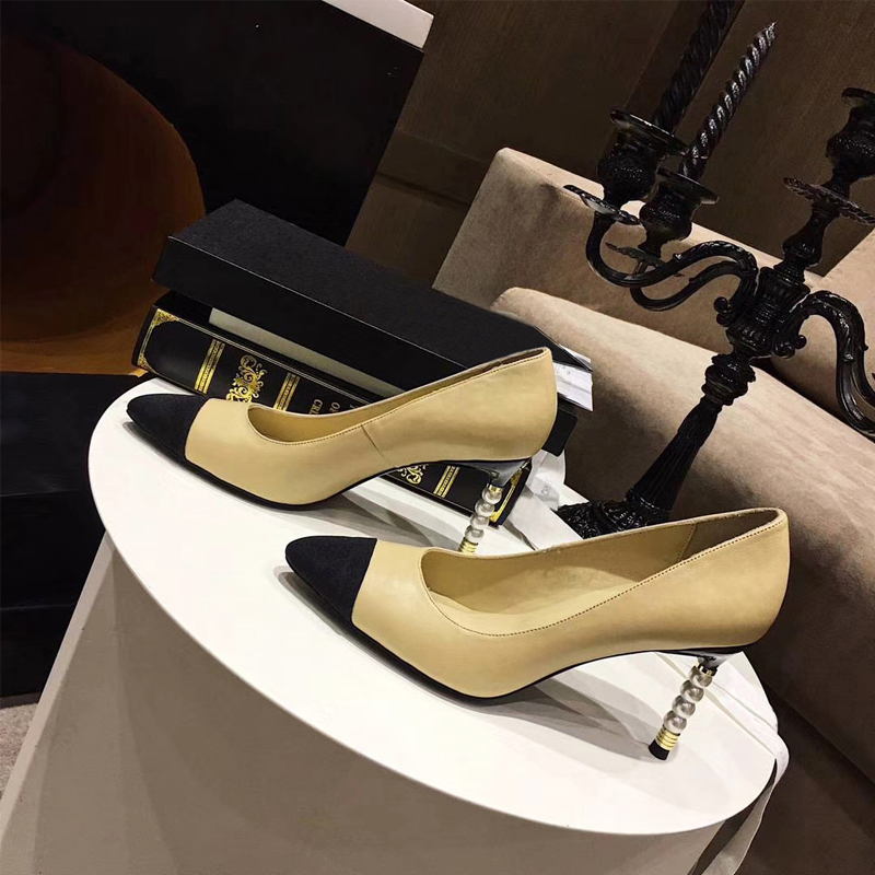 珍珠鞋跟 斜紋面料拼接牛皮跟鞋(34-40)(黑/白/裸)