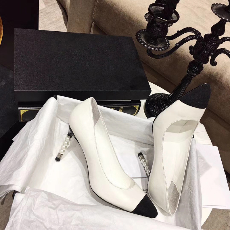 珍珠鞋跟 斜紋面料拼接牛皮跟鞋(34-40)(黑/白/裸)