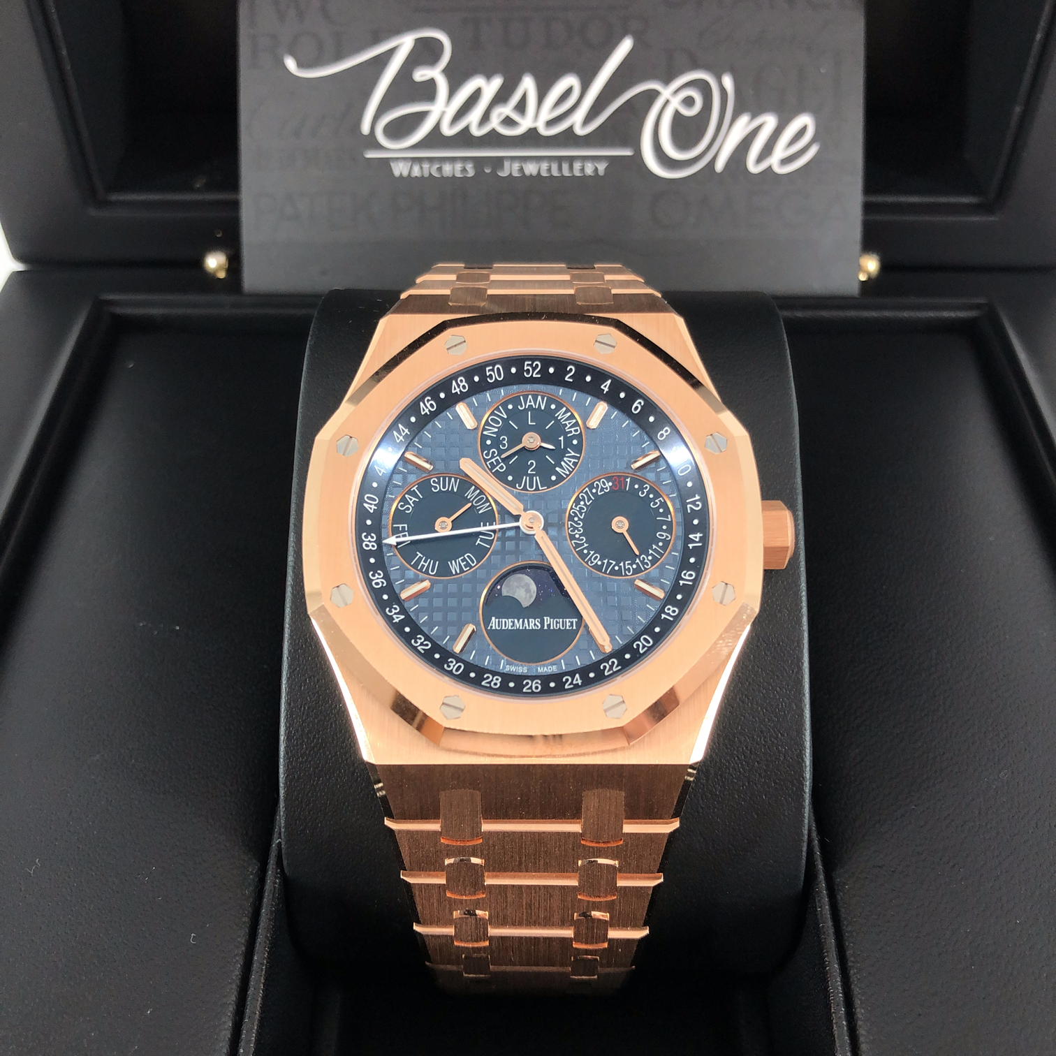 BRAND NEW ROYAL OAK 26574OR PERPETUAL CALENDAR PINK GOLD CASE CRYSTAL DIAL