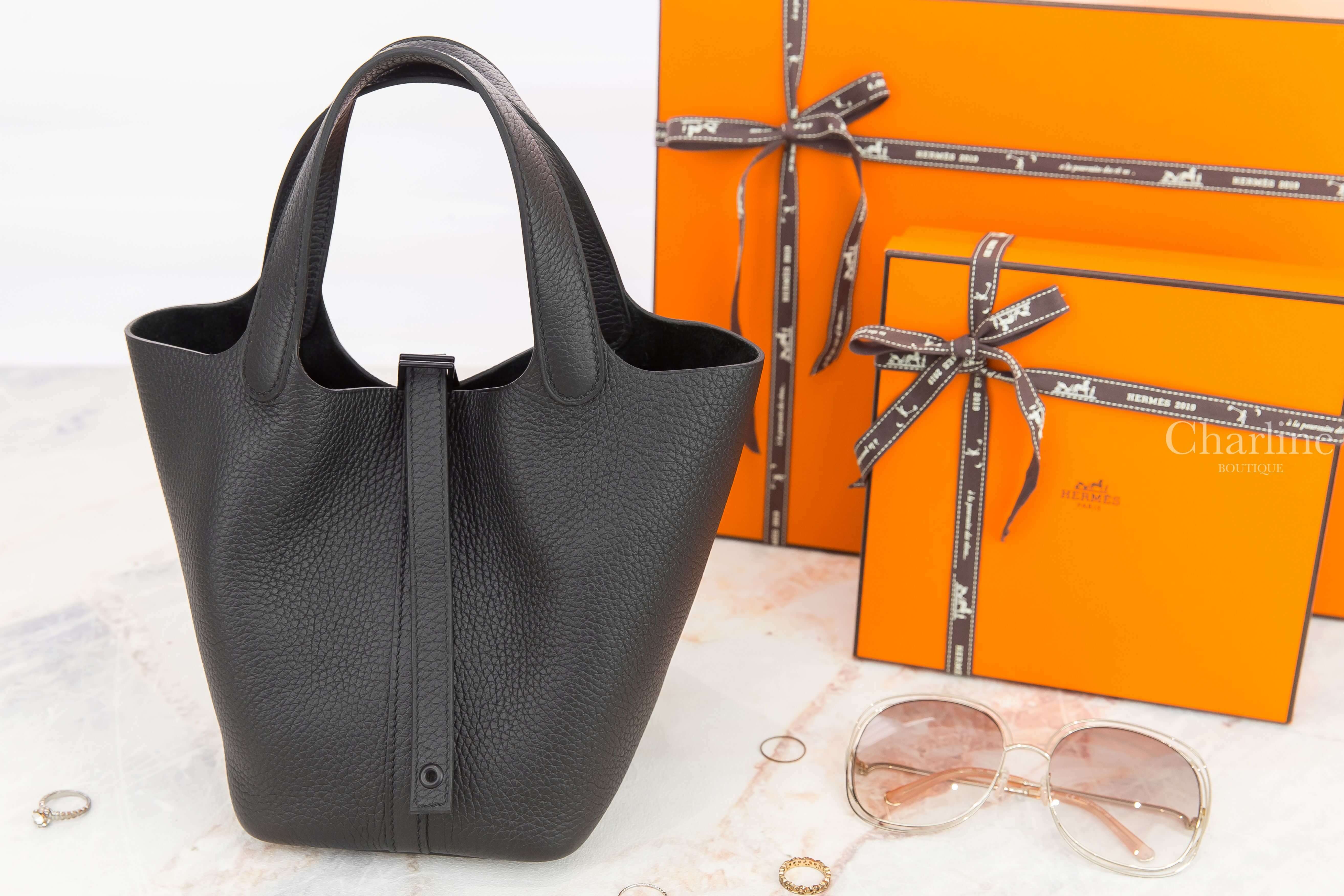 Hermès Picotin Lock 18cm 89 Noir Monochrome Taurillon Clemence Z刻黑色黑釦小型提把水桶包-Charline Boutique 精品代購
