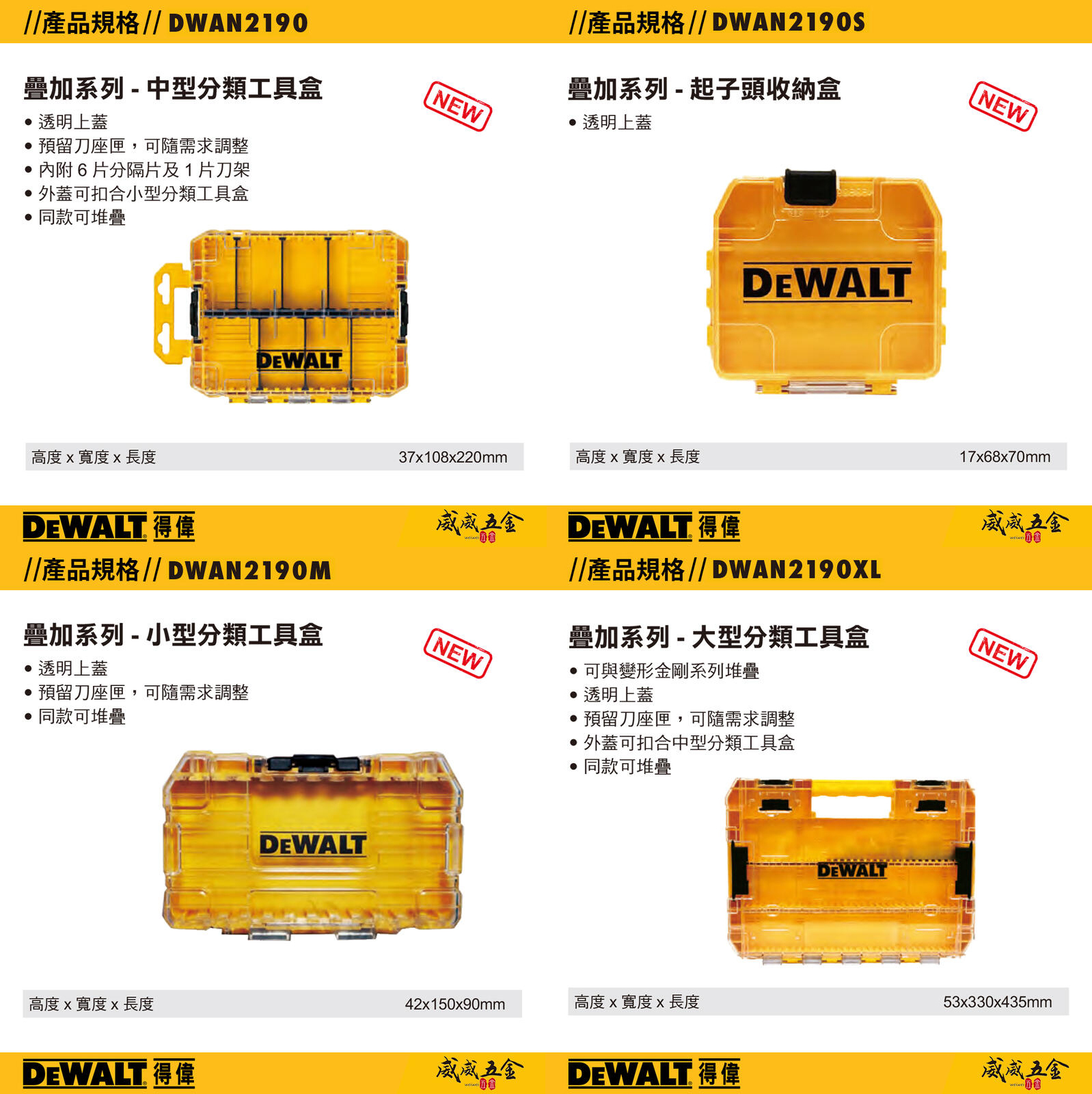 DEWALT 美國 得偉｜工具盒 堆疊工具收納盒(空盒) 工具箱 零件盒 起子頭盒｜DWAN2190｜DWAN2190S｜DWAN2190M｜DWAN2190XL｜隔板-插槽