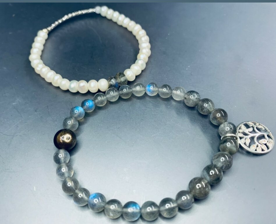 晝與夜丨拉長石、珍珠、黑金骨幹太陽石丨六月誕生石