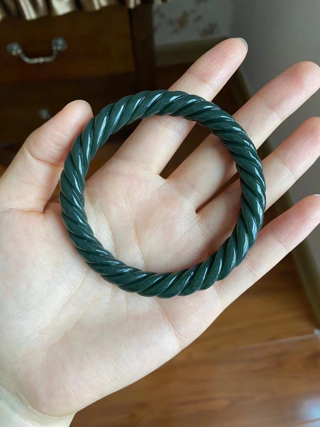 和田玉青玉麻花手鐲 59.3mm, 天然和田玉軟玉