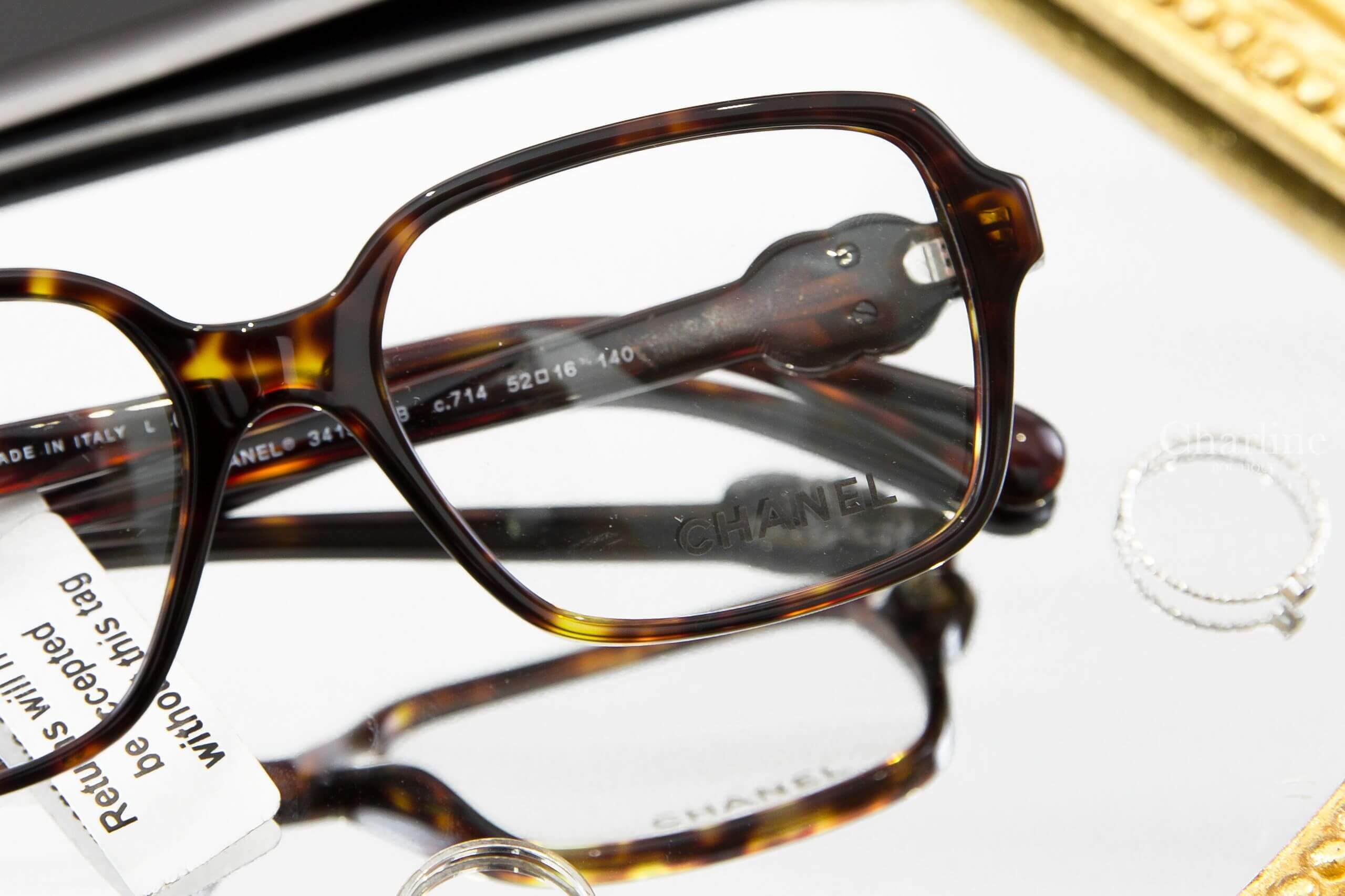 Chanel Square Eyeglasses 深棕色玳瑁側邊黑銀水鑽皮穿鍊CC中型方框平光眼鏡
