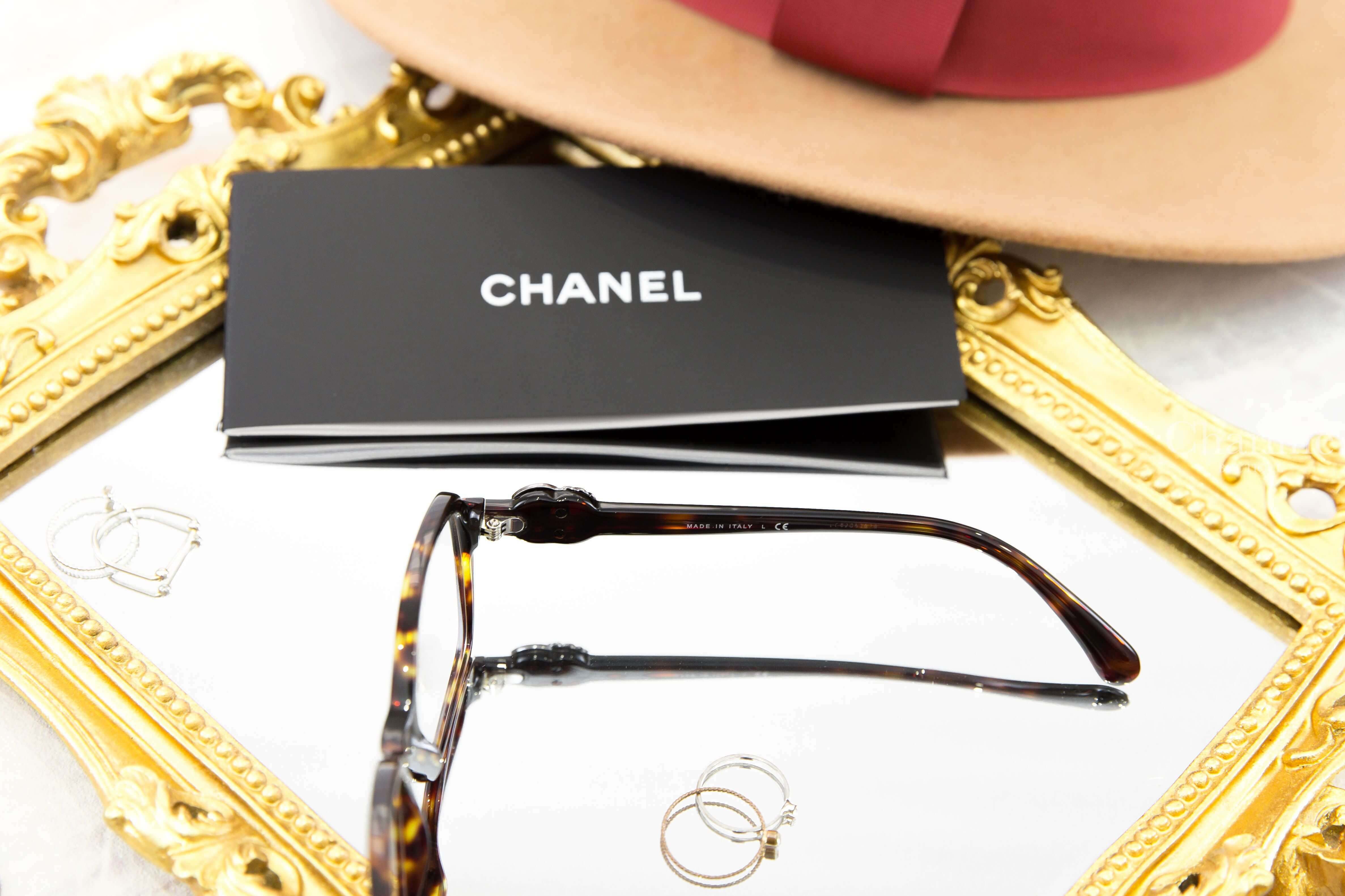 Chanel Square Eyeglasses 深棕色玳側邊黑銀水鑽CC中型方框平光眼鏡-Charline Boutique 精品代購