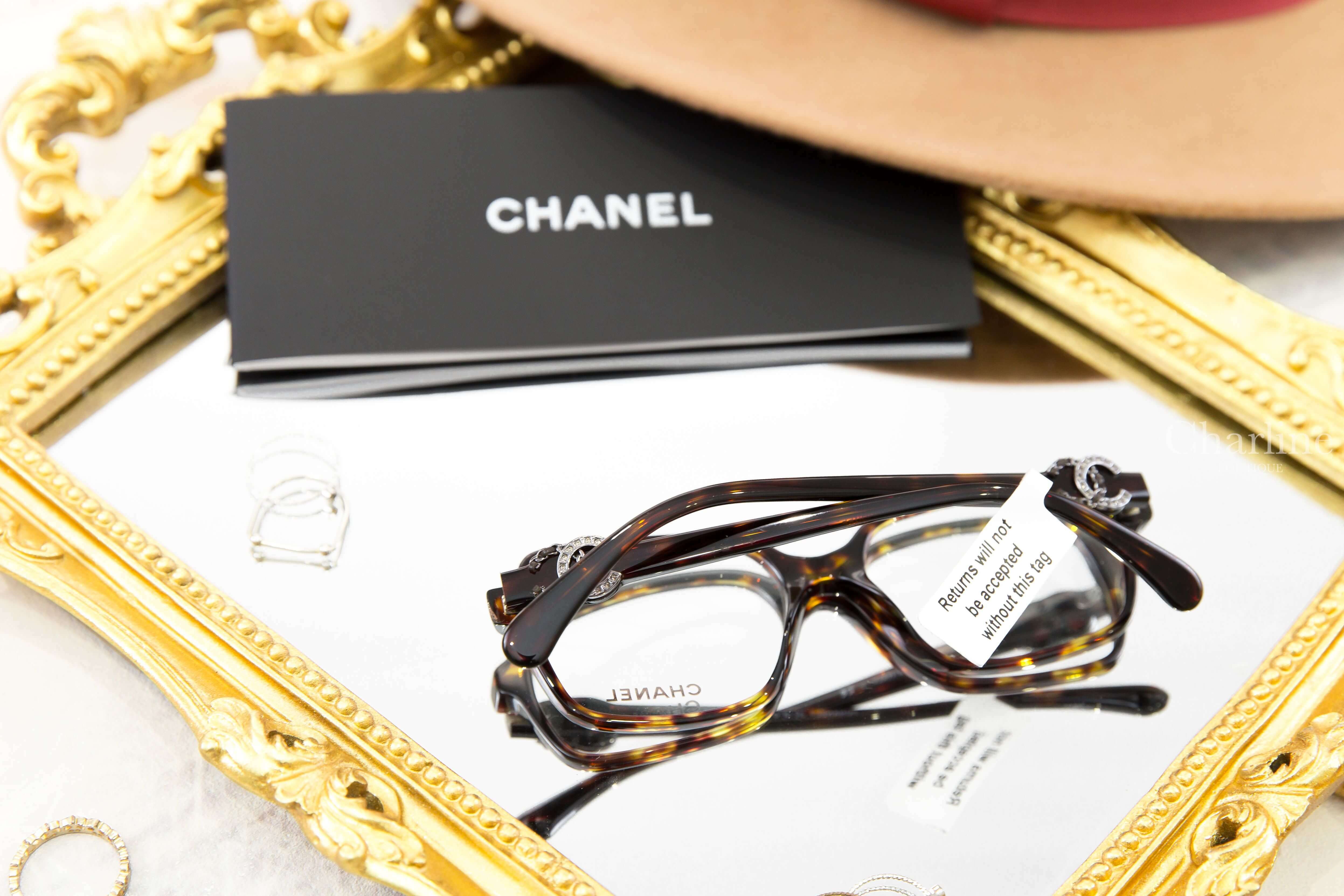 Chanel Square Eyeglasses 深棕色玳側邊黑銀水鑽CC中型方框平光眼鏡-Charline Boutique 精品代購