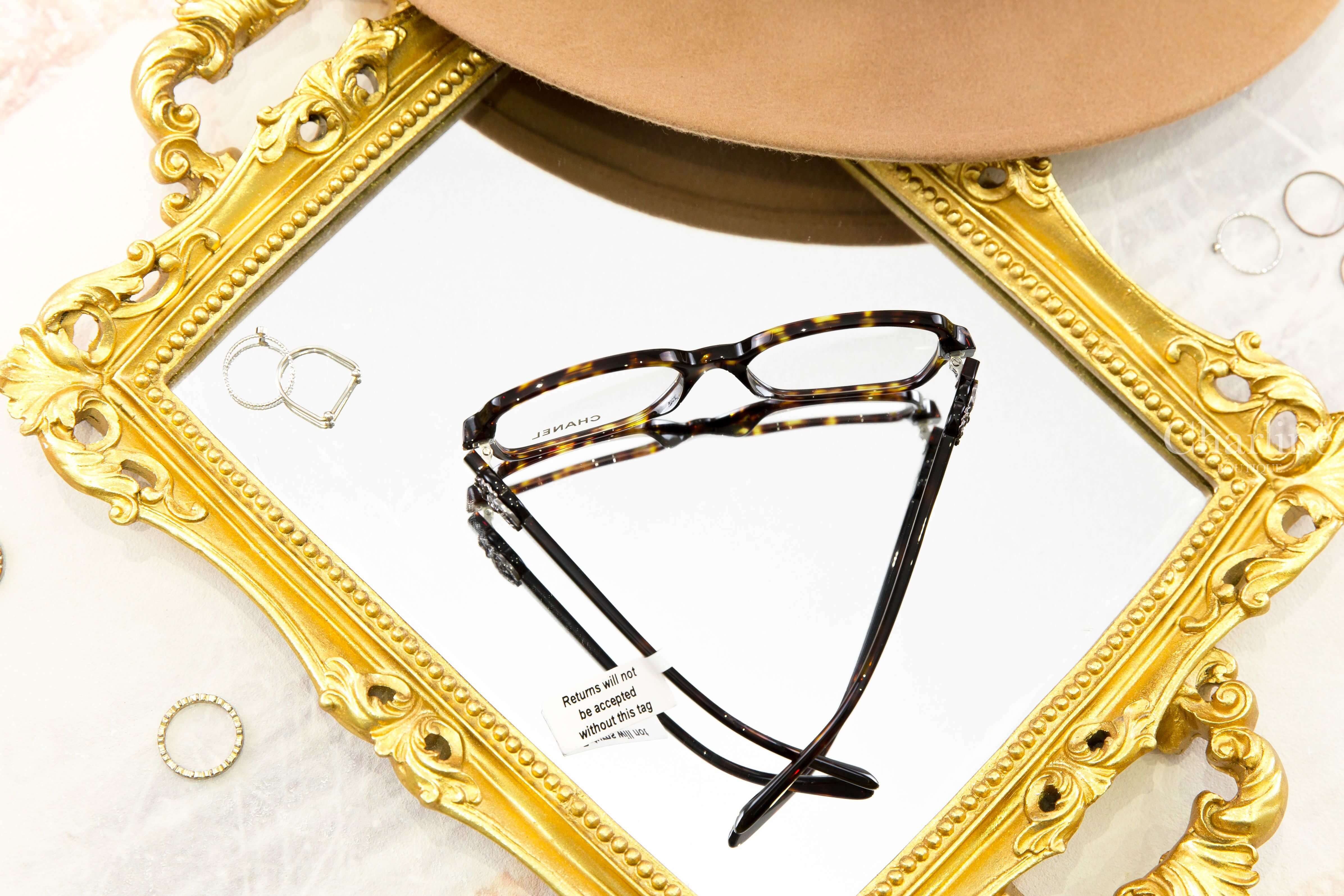 Chanel Square Eyeglasses 深棕色玳側邊黑銀水鑽CC中型方框平光眼鏡-Charline Boutique 精品代購