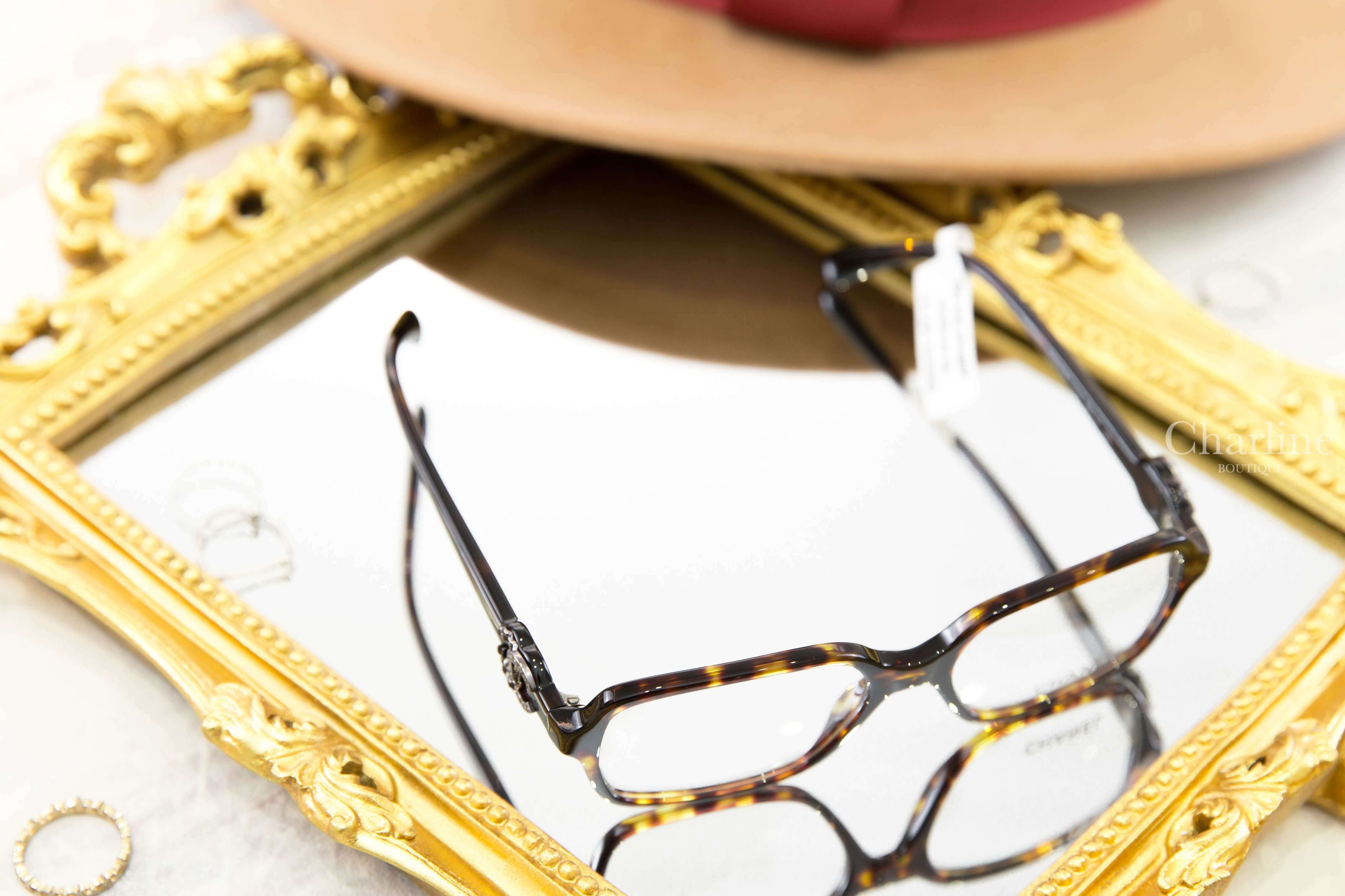 Chanel Square Eyeglasses 深棕色玳側邊黑銀水鑽CC中型方框平光眼鏡-Charline Boutique 精品代購