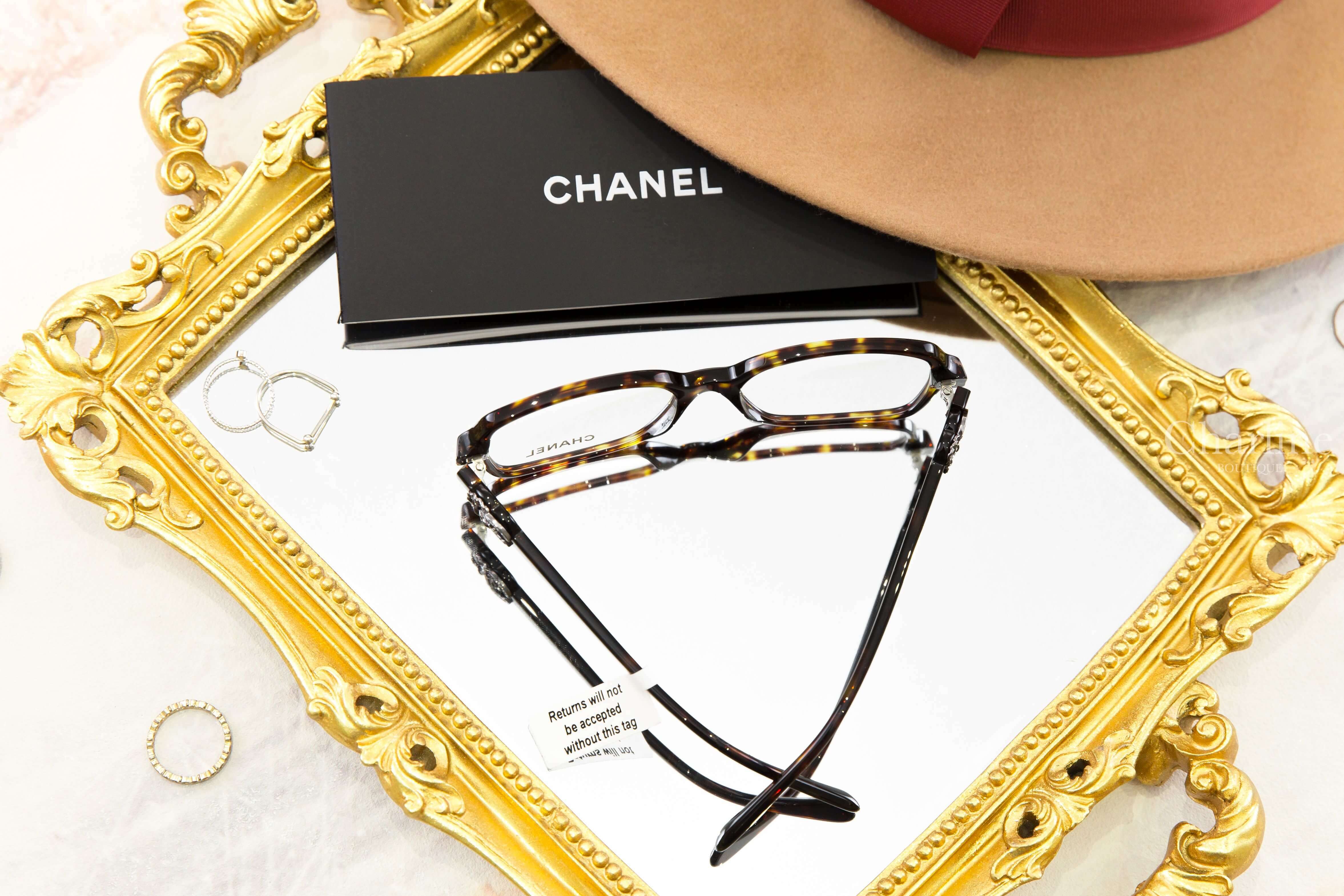 Chanel Square Eyeglasses 深棕色玳側邊黑銀水鑽CC中型方框平光眼鏡-Charline Boutique 精品代購