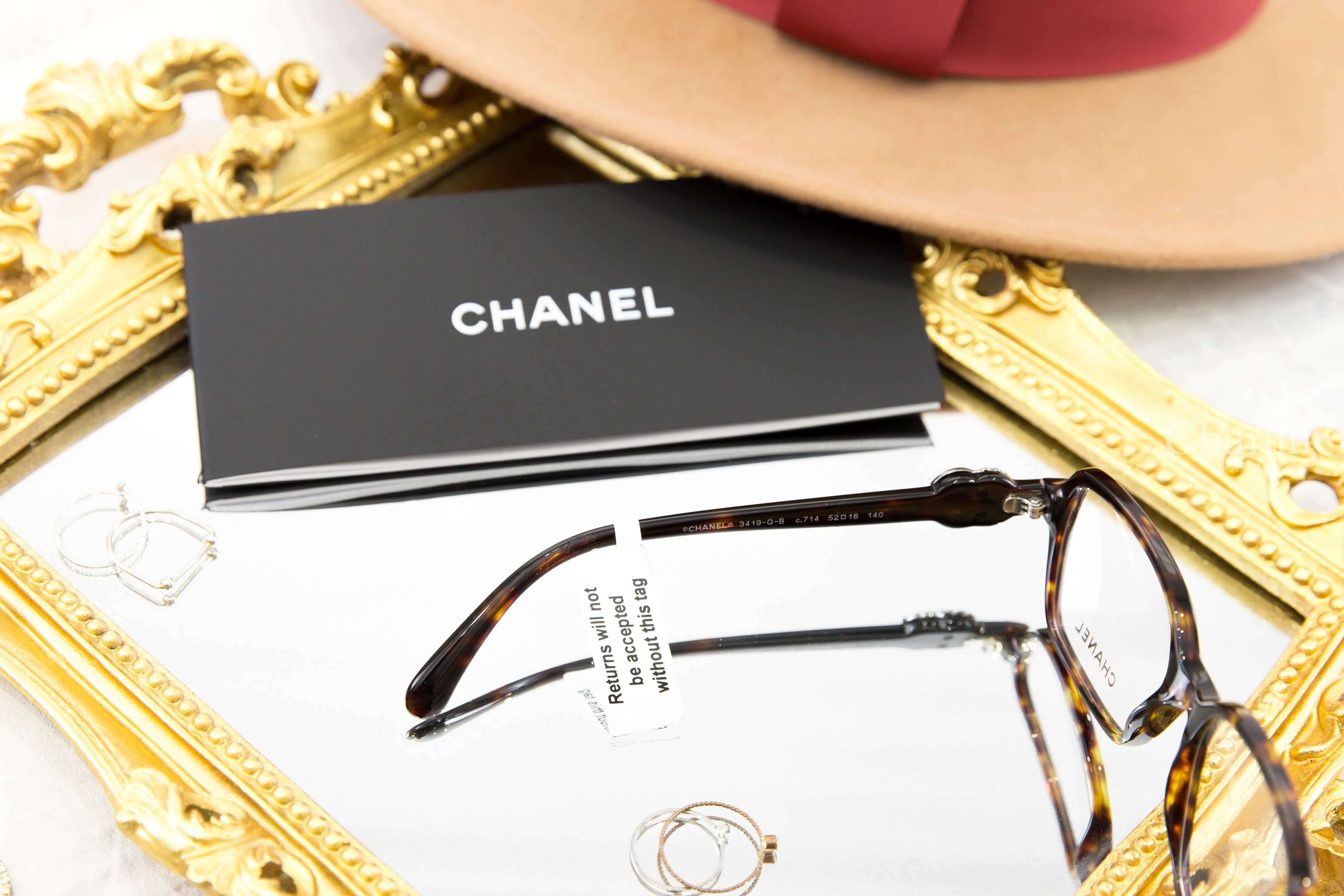 Chanel Square Eyeglasses 深棕色玳側邊黑銀水鑽CC中型方框平光眼鏡-Charline Boutique 精品代購