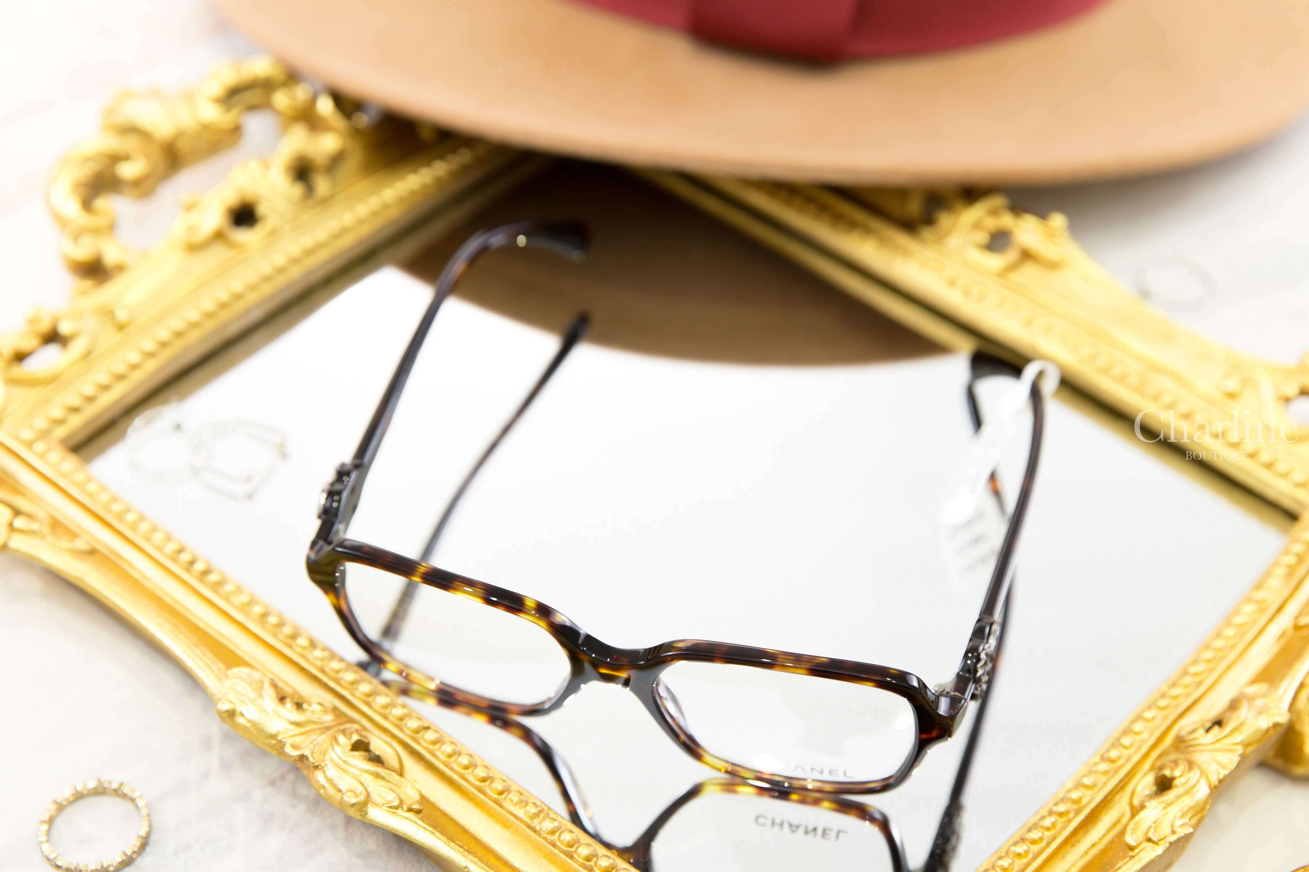 Chanel Square Eyeglasses 深棕色玳側邊黑銀水鑽CC中型方框平光眼鏡-Charline Boutique 精品代購