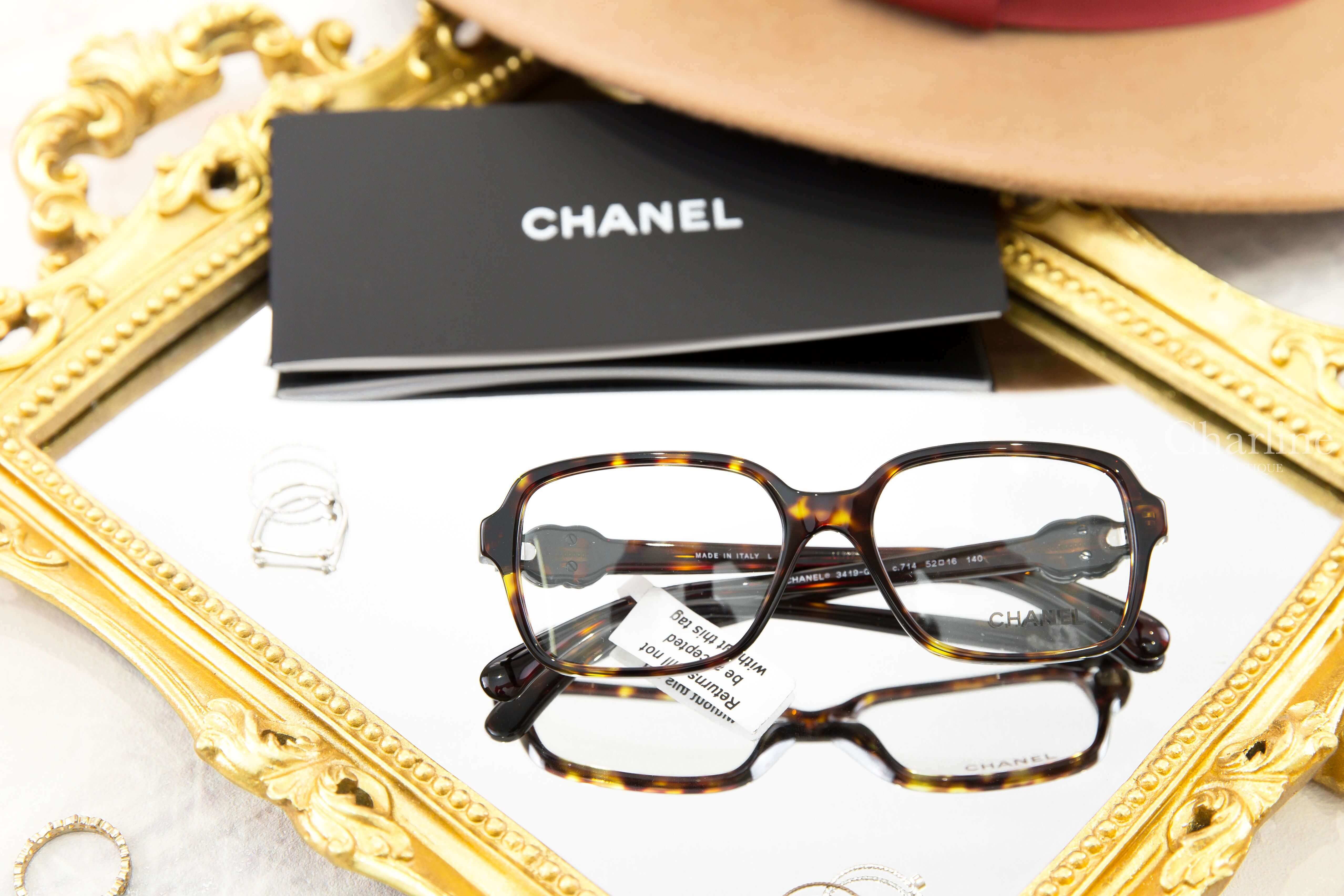 Chanel Square Eyeglasses 深棕色玳側邊黑銀水鑽CC中型方框平光眼鏡-Charline Boutique 精品代購