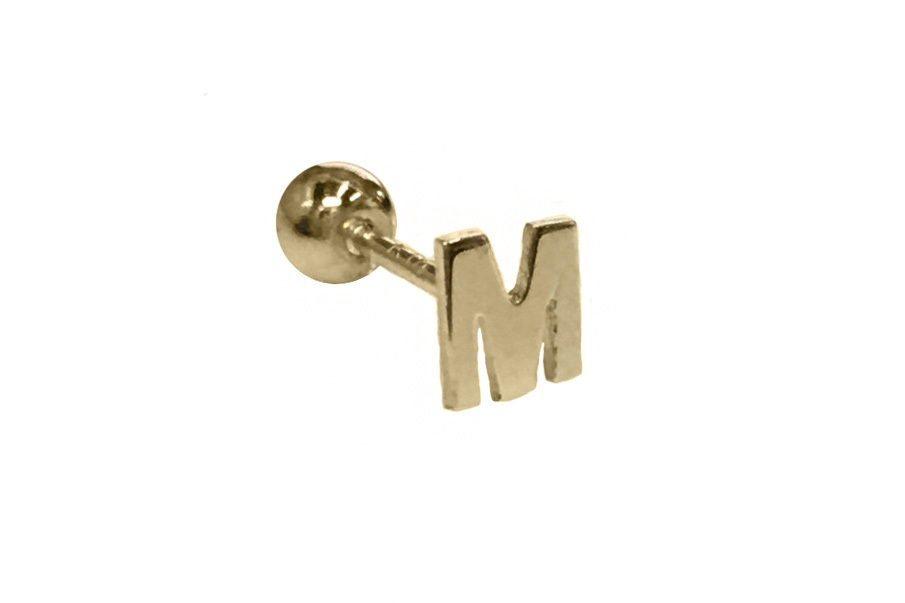 K金素面英文字母M造型鎖珠式耳環 (黃K金)