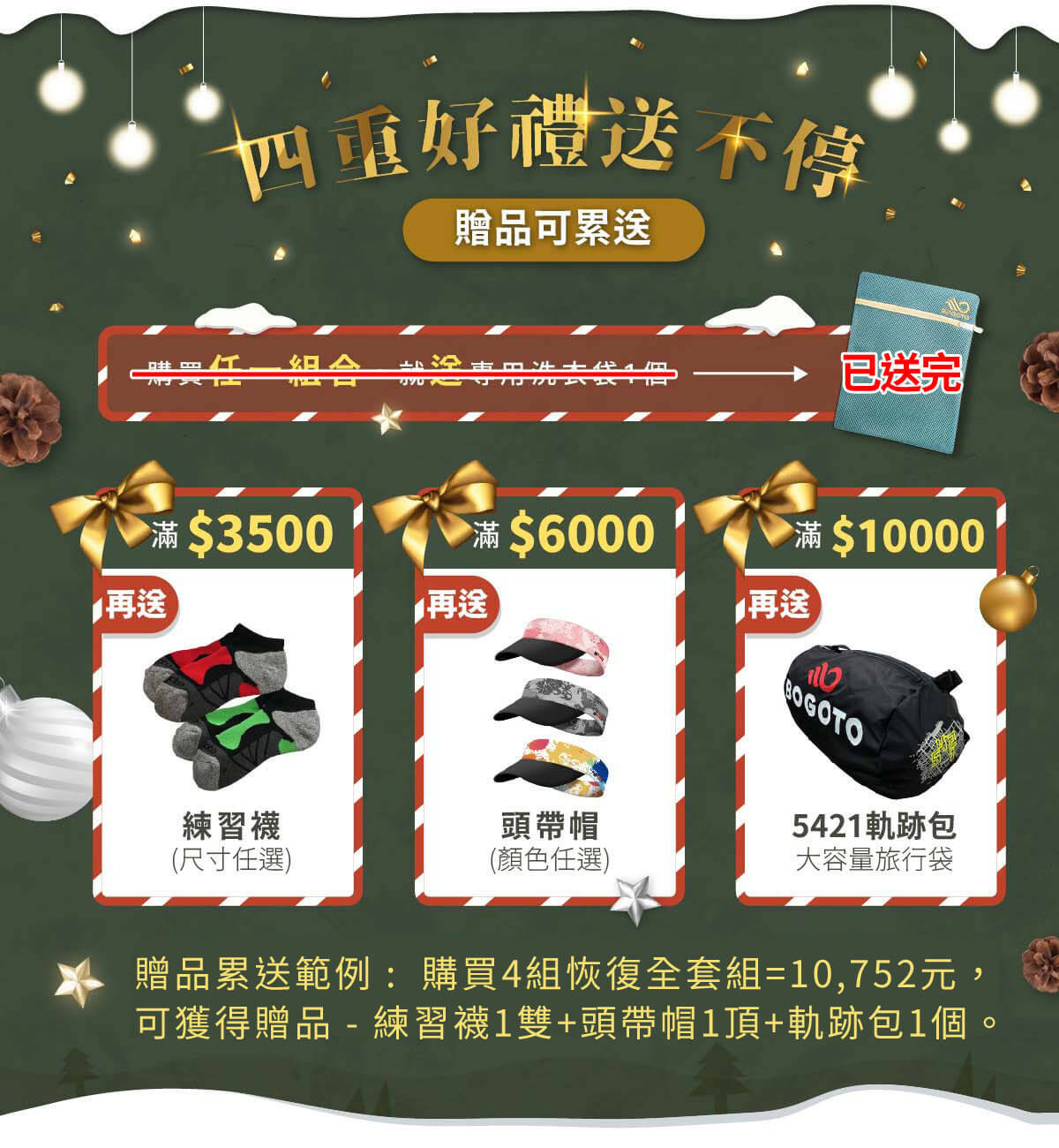 滿額贈可累加：滿3500送練習襪、滿6000再送頭帶帽、滿10000再送軌跡包