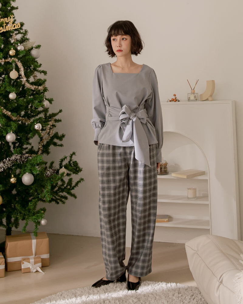 【官網限定】知性方領寬袖綁帶上衣