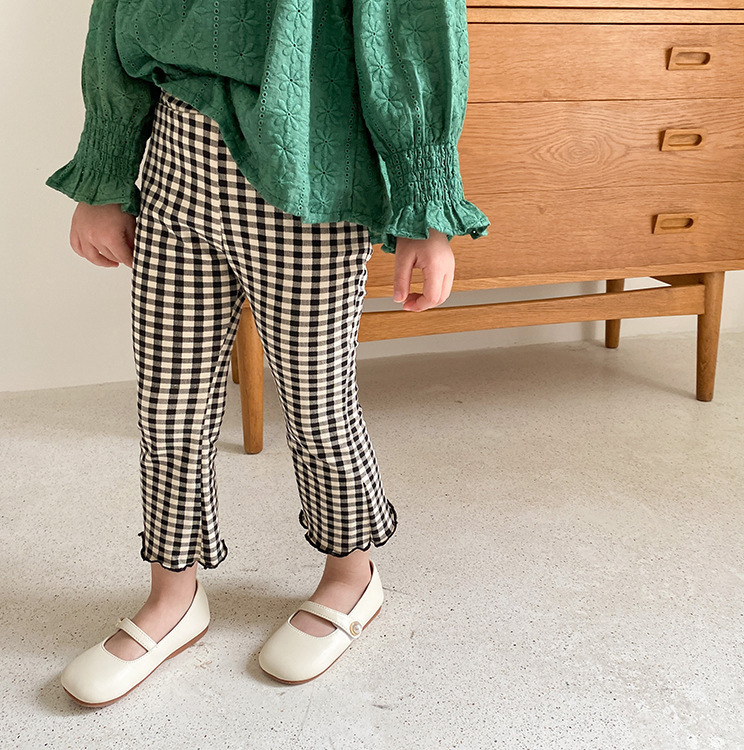 修身彈力九分喇叭褲  格子