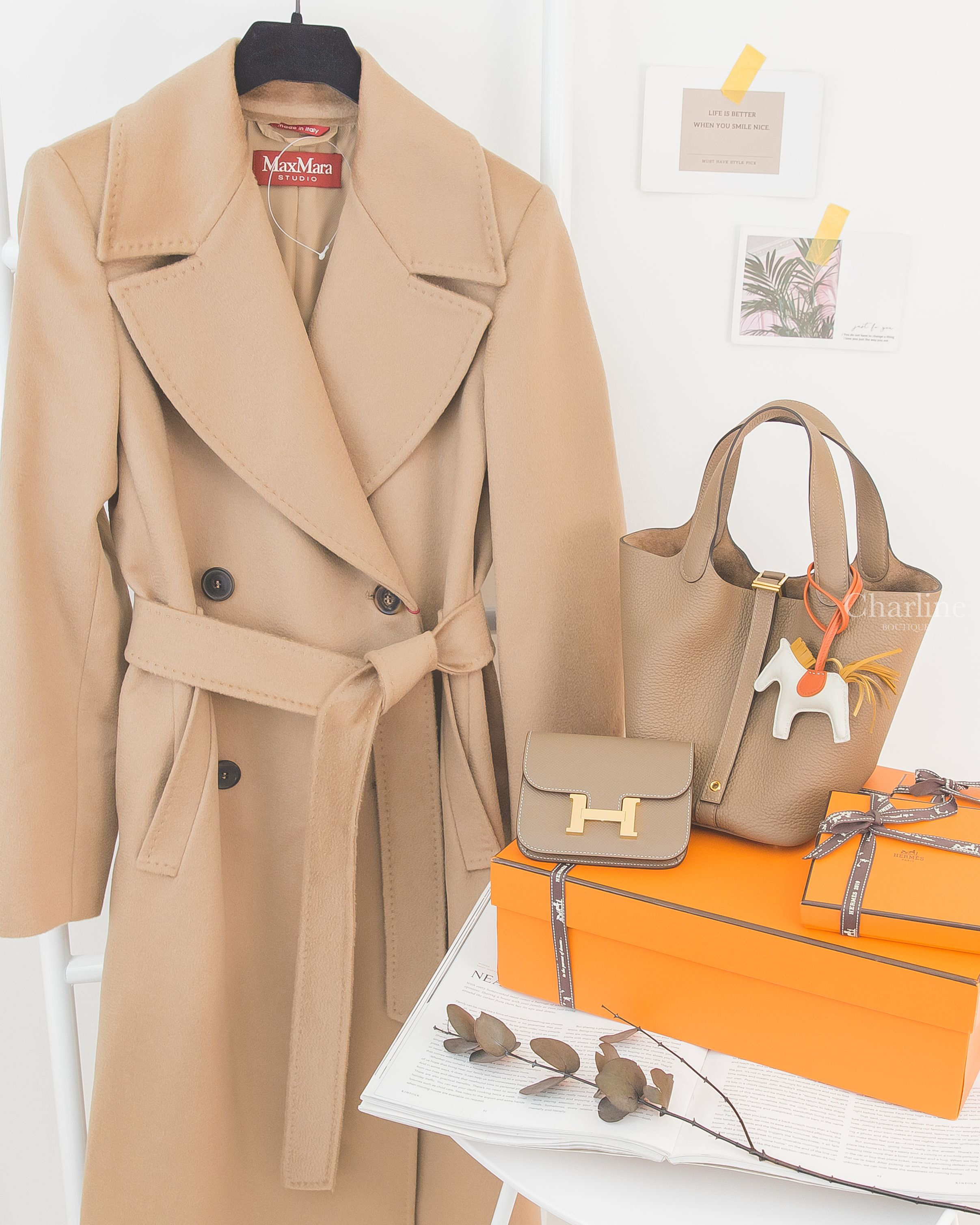Hermès Picotin 18cm 威瑪犬米金釦,Hermès Constance Slim 大象灰金釦,Hermès Charm 奶昔白小馬吊飾,Max Mara 駝色雙排扣固定腰帶羊毛長版外套-Charline Boutique 精品代購