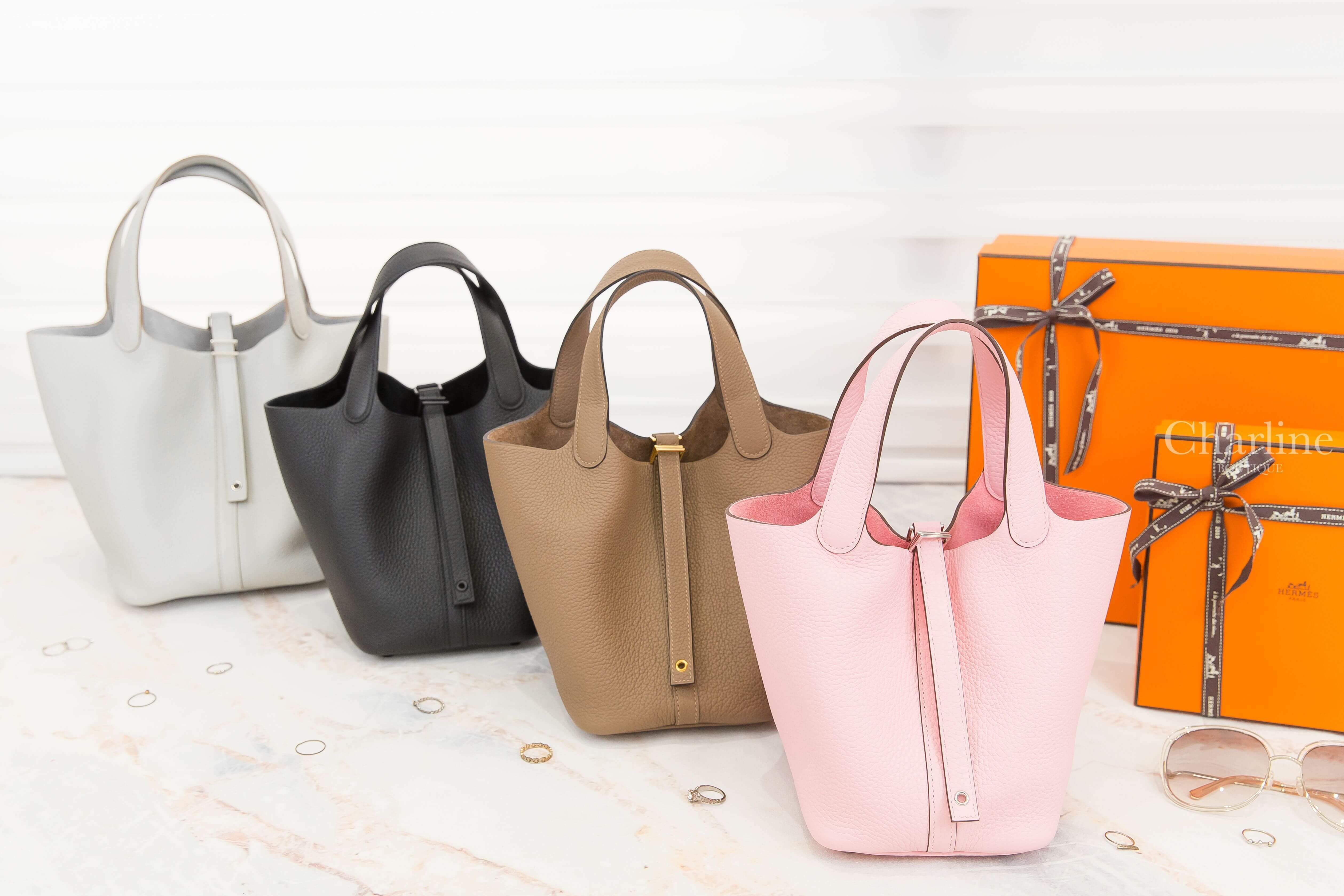 Hermès Picotin D0 威瑪犬米金釦,Hermès Picotin 3Q 櫻花粉銀釦,Hermès Picotin 89 黑色黑釦,Hermès Picotin 80 珍珠灰銀釦-Charline Boutique 精品代購