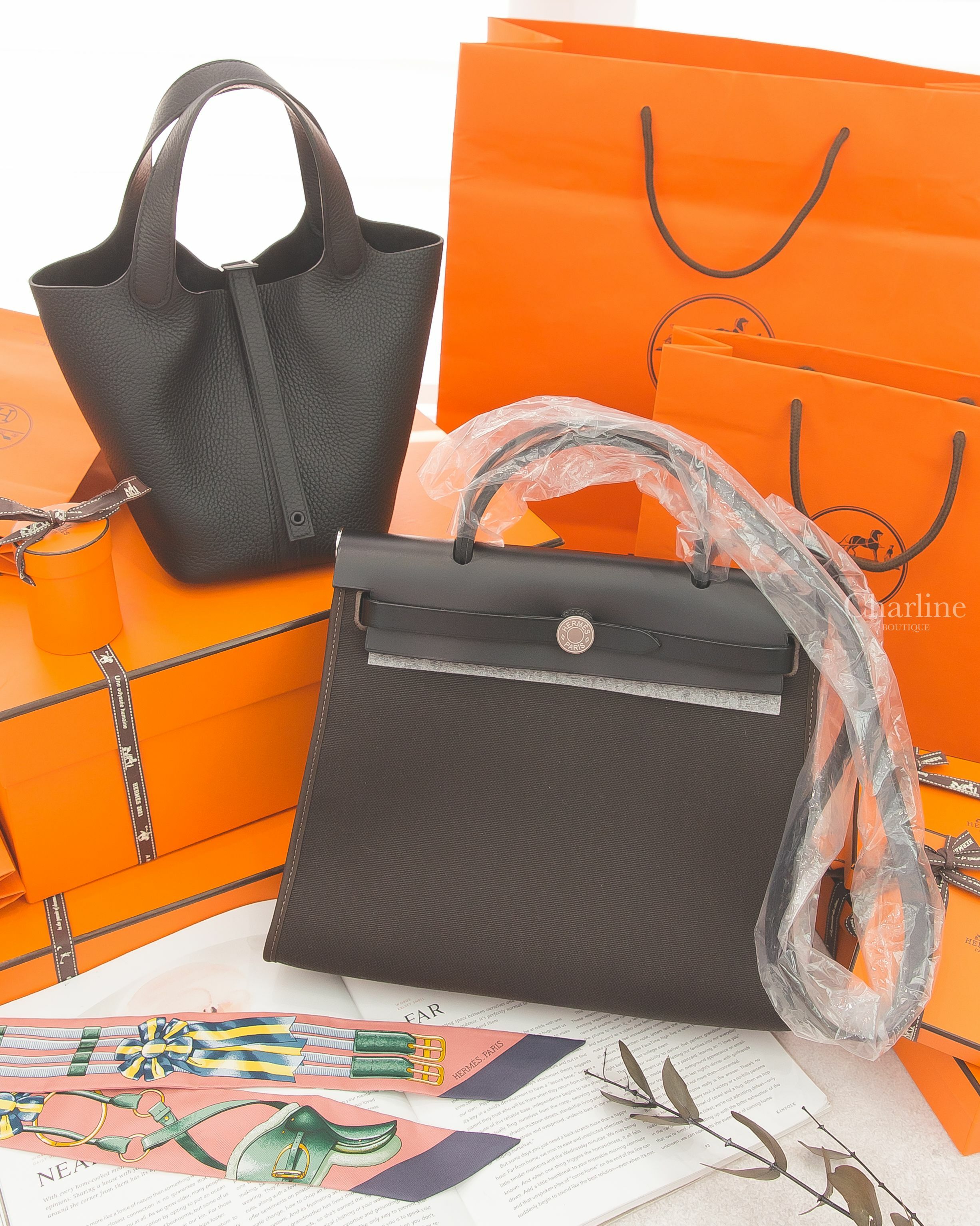 Hermès Herbag 31cm 46 Ebene 烏木色拼黑色銀釦手提肩背包,Hermès Picotin 18cm 89 Noir 黑色黑釦小型提把水桶包-Charline Boutique 精品代購