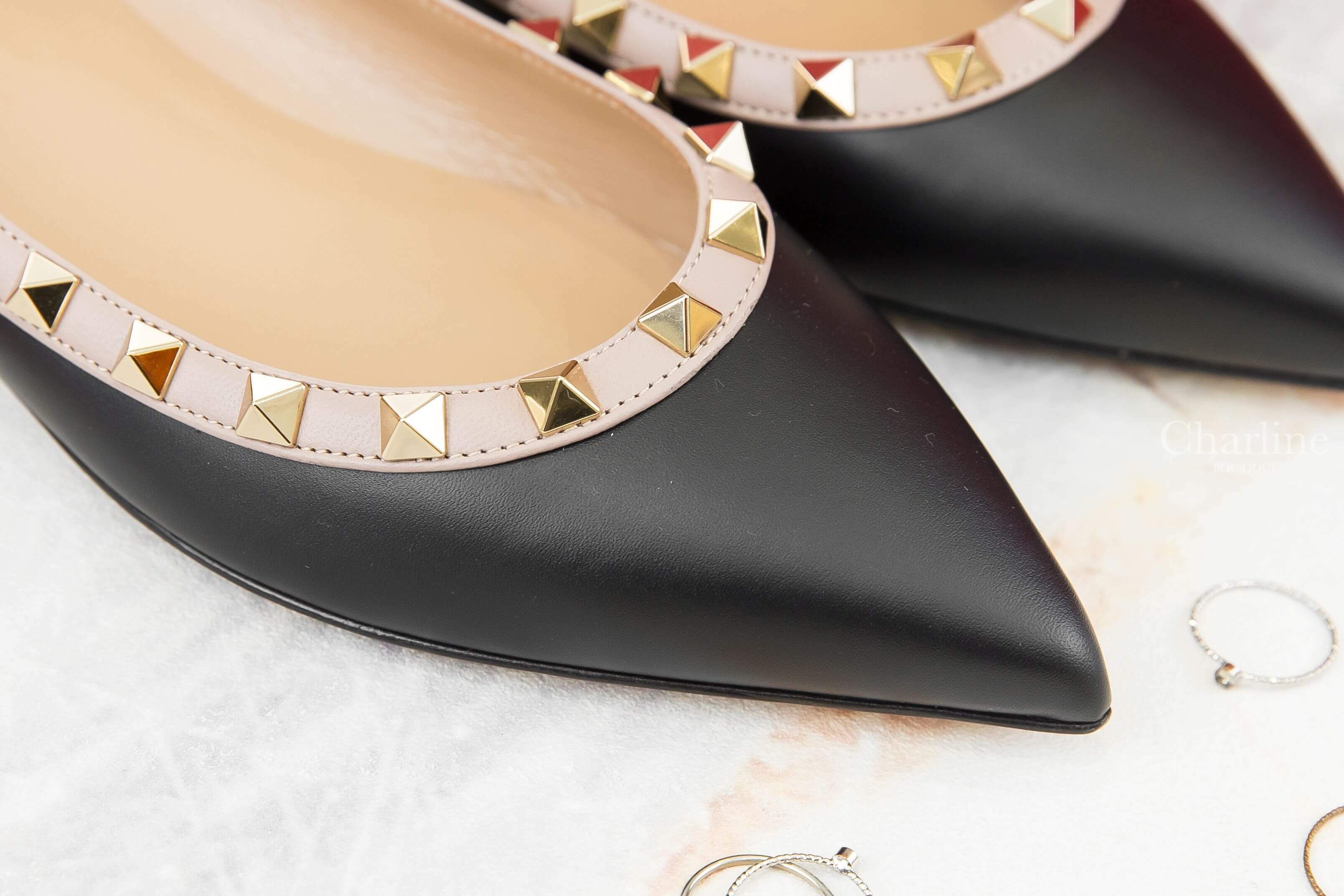 Valentino Patent Rockstud Ballet Flat 黑色霧面粉色滾邊龐克卯釘羅馬芭蕾舞鞋