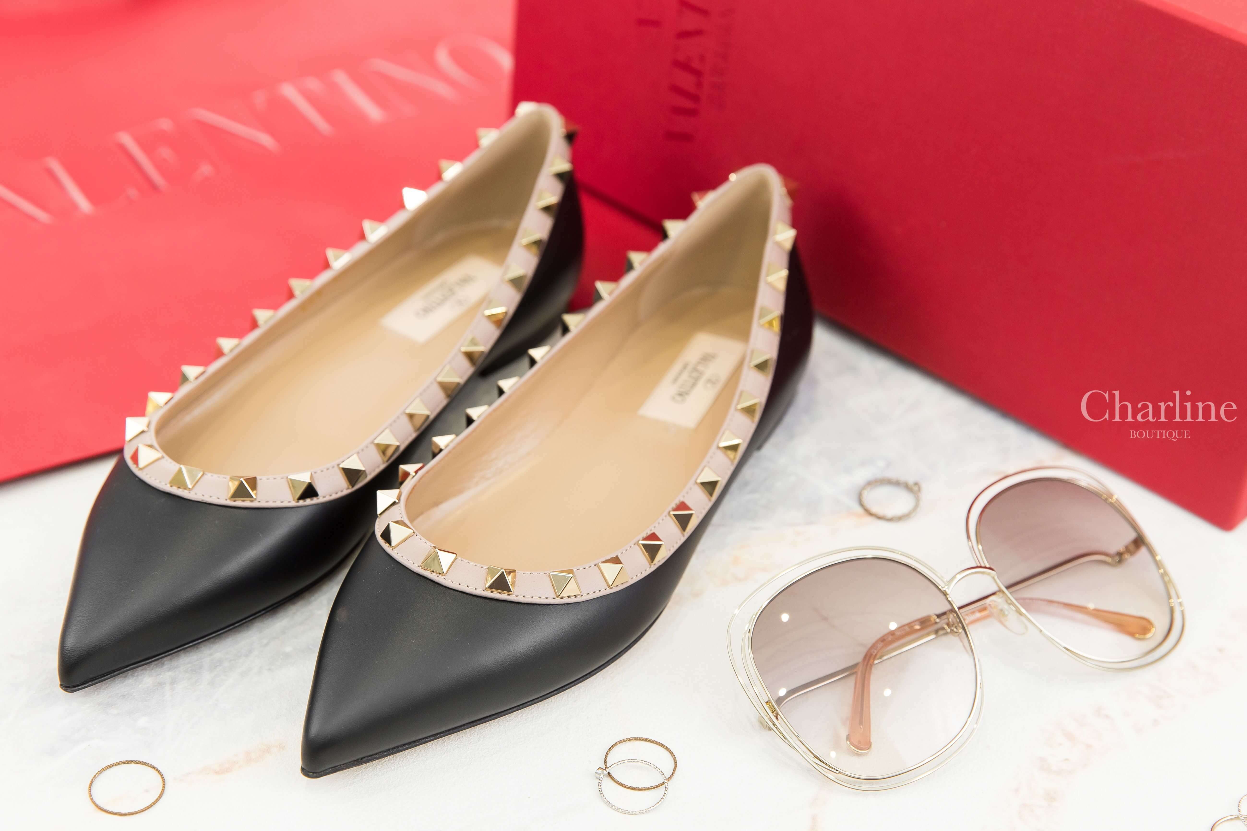 Valentino Patent Rockstud Ballet Flat 黑色霧面粉色滾邊龐克卯釘羅馬芭蕾舞鞋-Charline Boutique 精品代購
