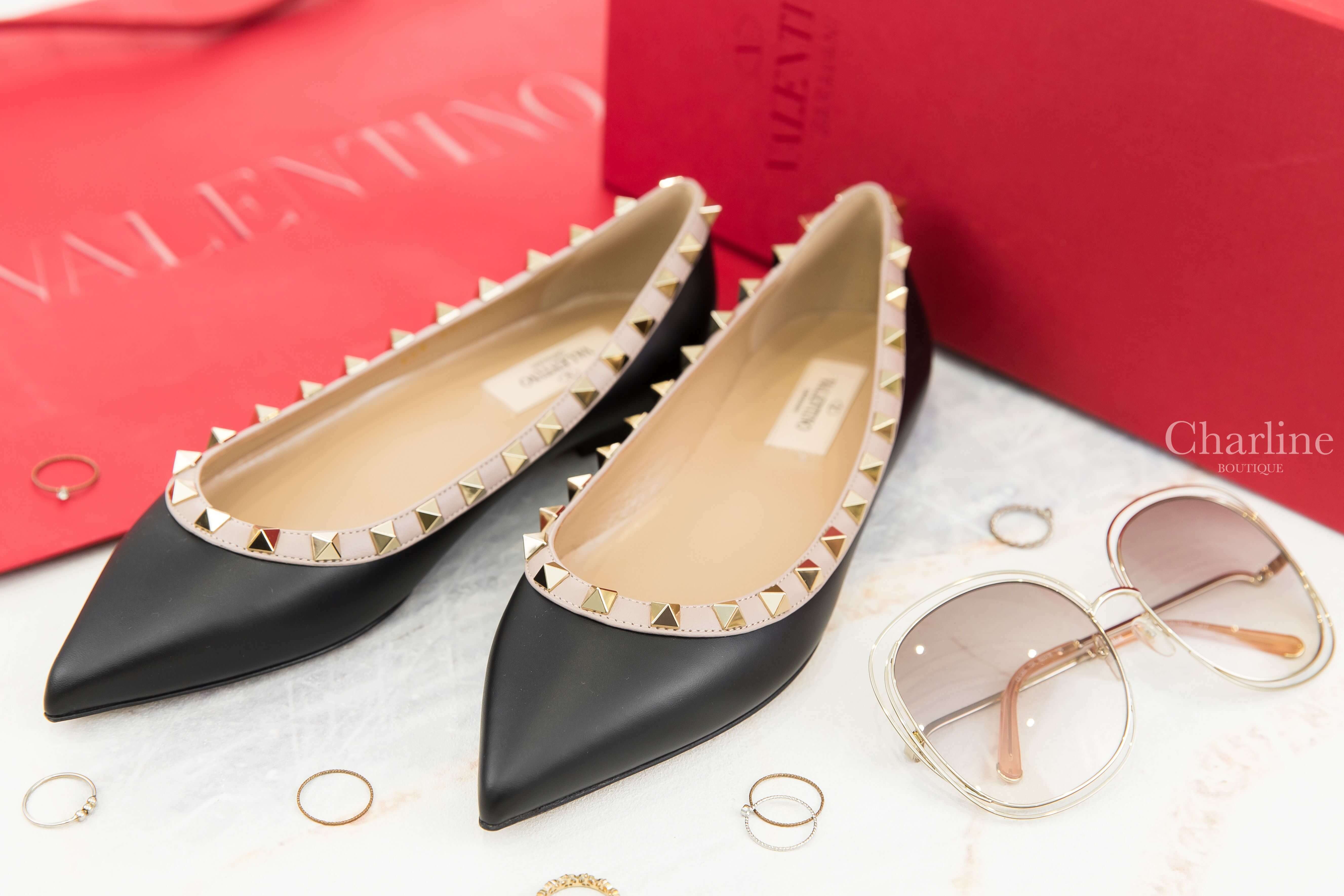 Valentino Patent Rockstud Ballet Flat 黑色霧面粉色滾邊龐克卯釘羅馬芭蕾舞鞋-Charline Boutique 精品代購