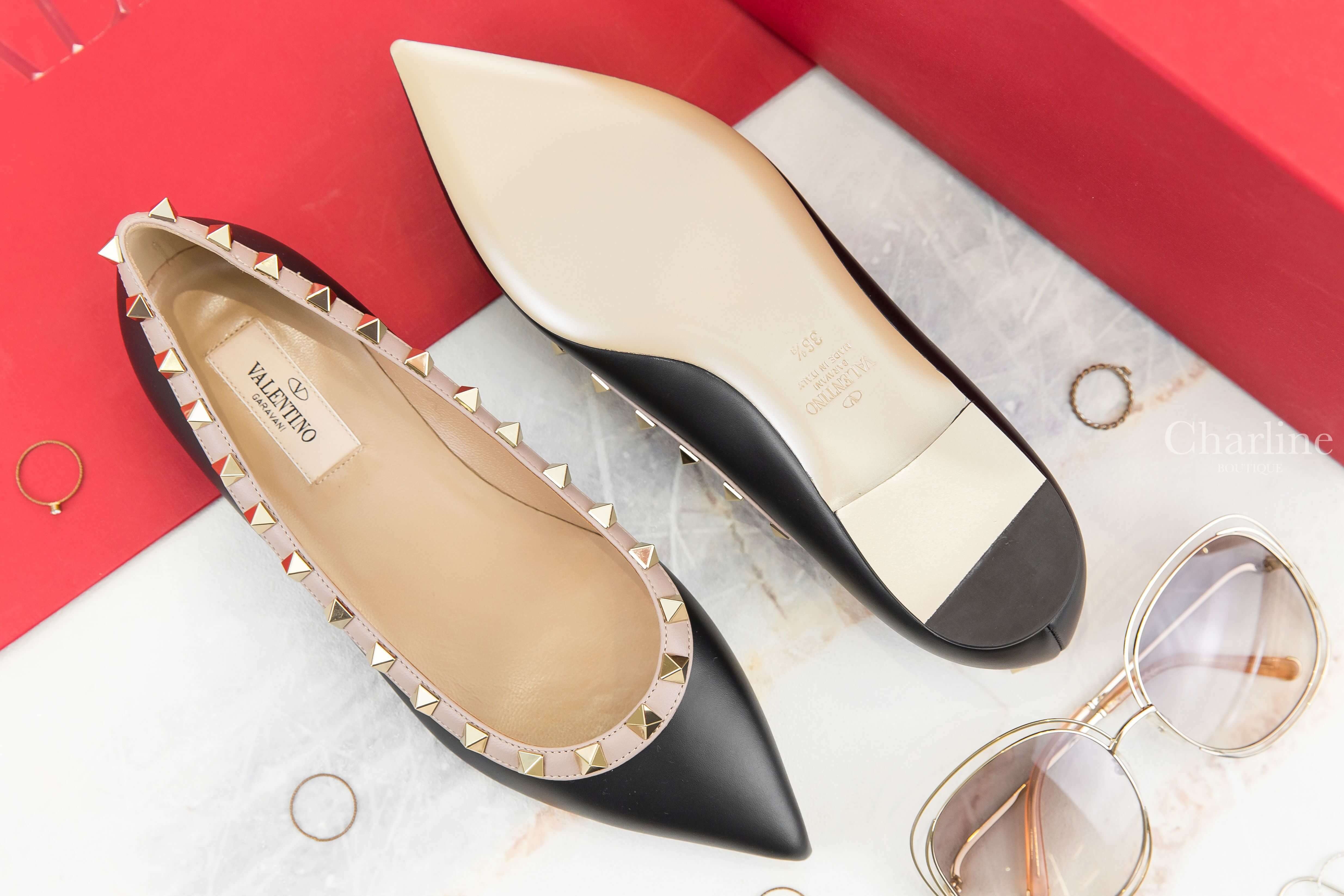 Valentino Patent Rockstud Ballet Flat 黑色霧面粉色滾邊龐克卯釘羅馬芭蕾舞鞋-Charline Boutique 精品代購