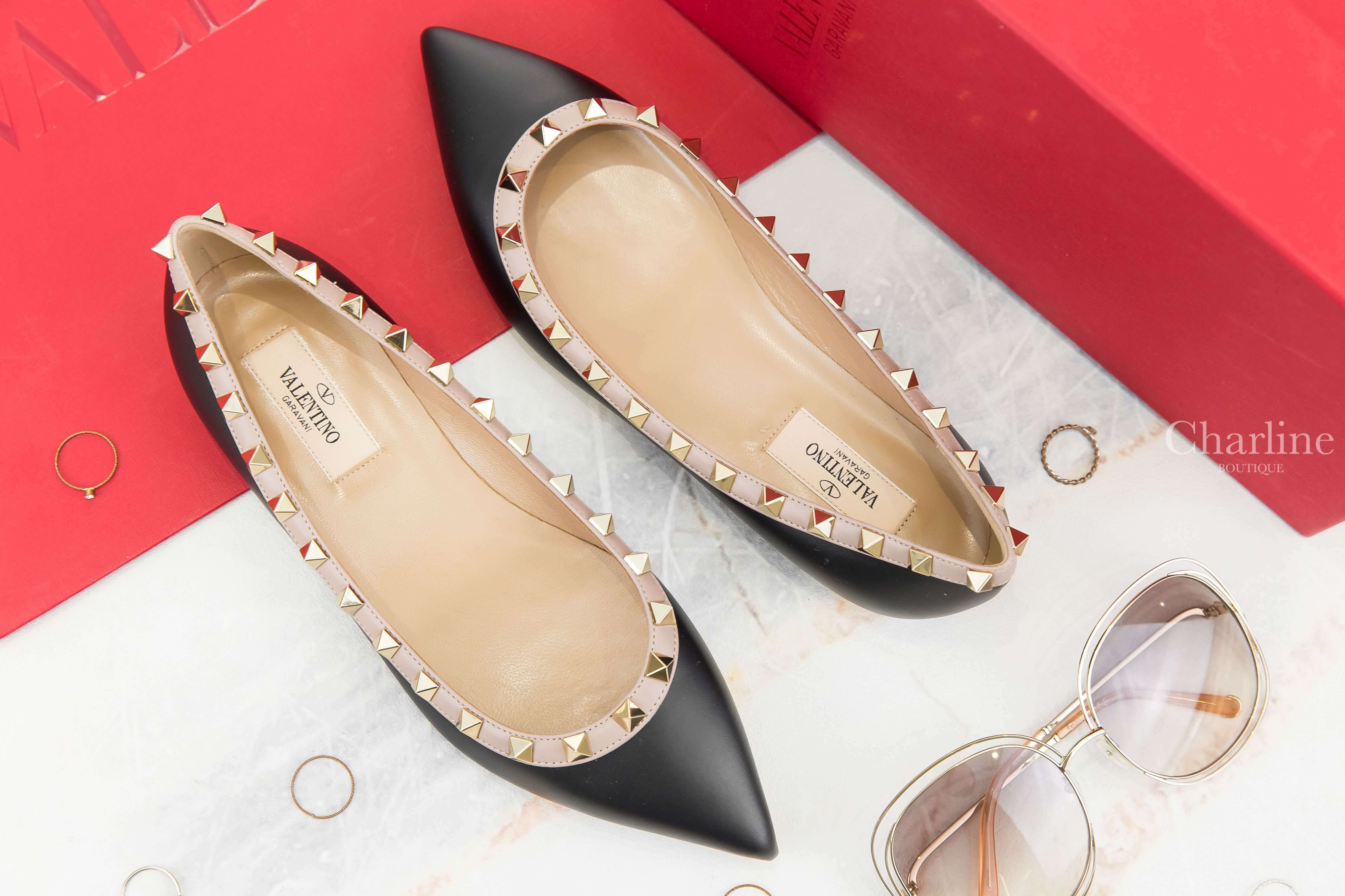 Valentino Patent Rockstud Ballet Flat 黑色霧面粉色滾邊龐克卯釘羅馬芭蕾舞鞋-Charline Boutique 精品代購
