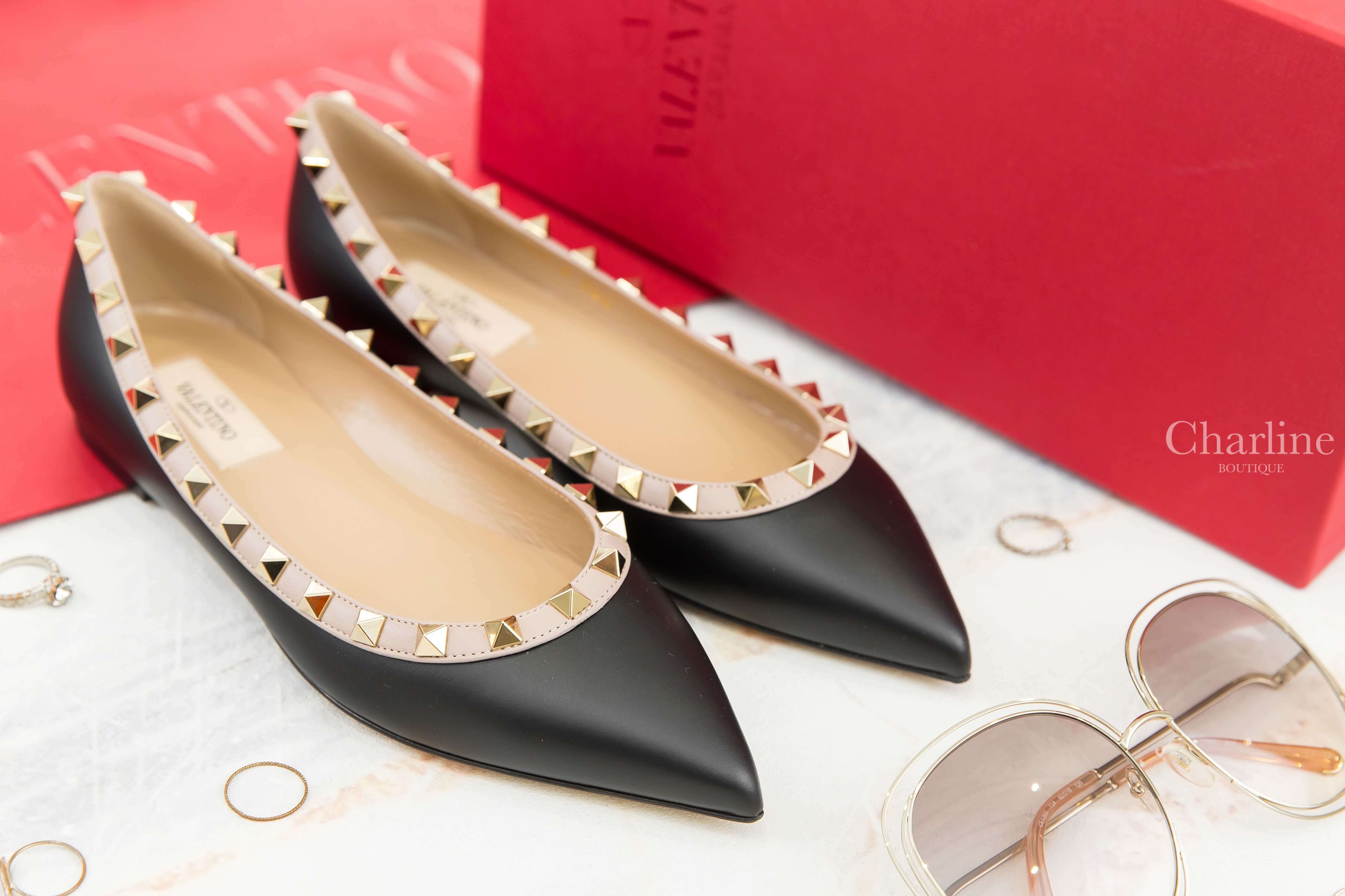 Valentino Patent Rockstud Ballet Flat 黑色霧面粉色滾邊龐克卯釘羅馬芭蕾舞鞋-Charline Boutique 精品代購