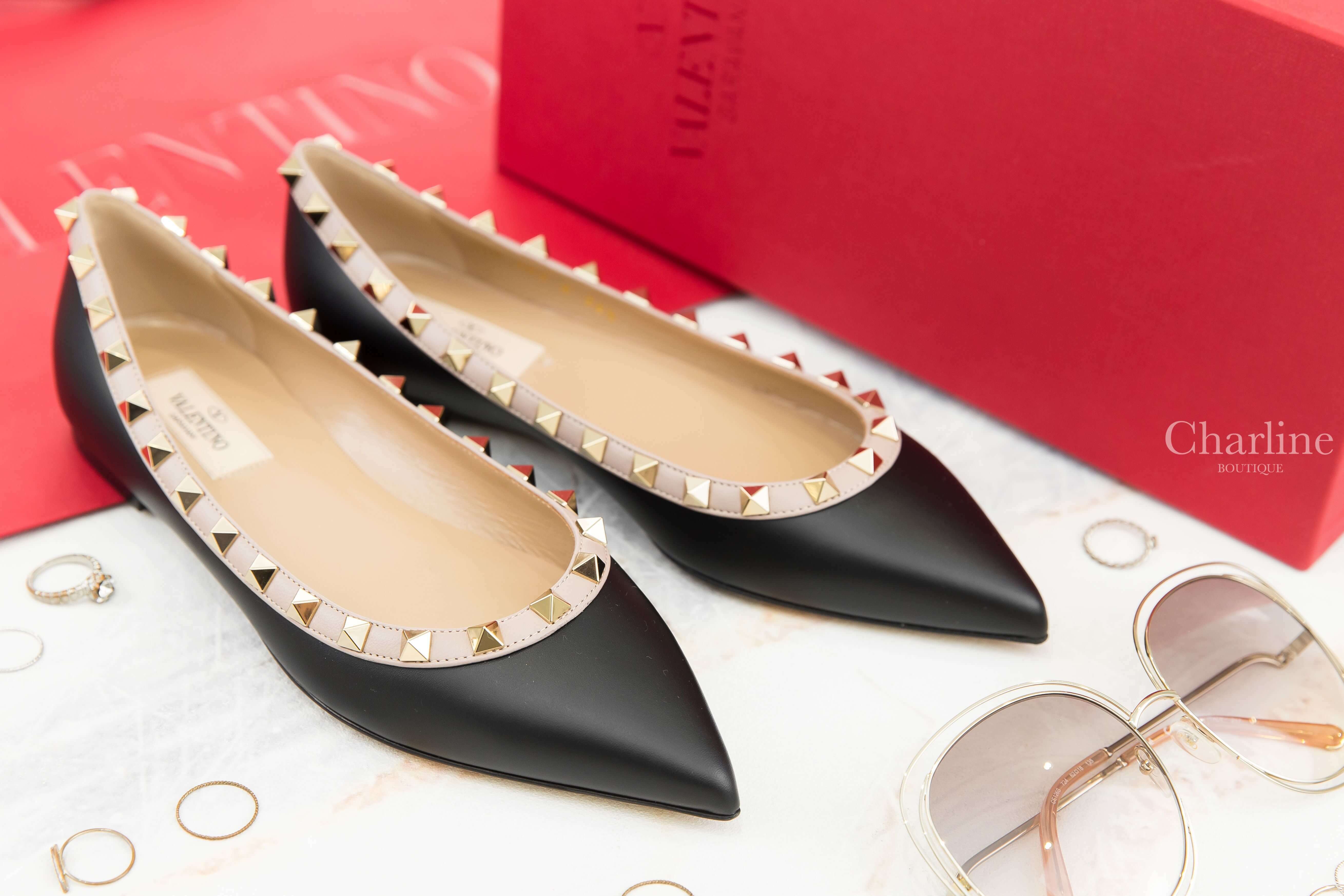 Valentino Patent Rockstud Ballet Flat 黑色霧面粉色滾邊龐克卯釘羅馬芭蕾舞鞋-Charline Boutique 精品代購