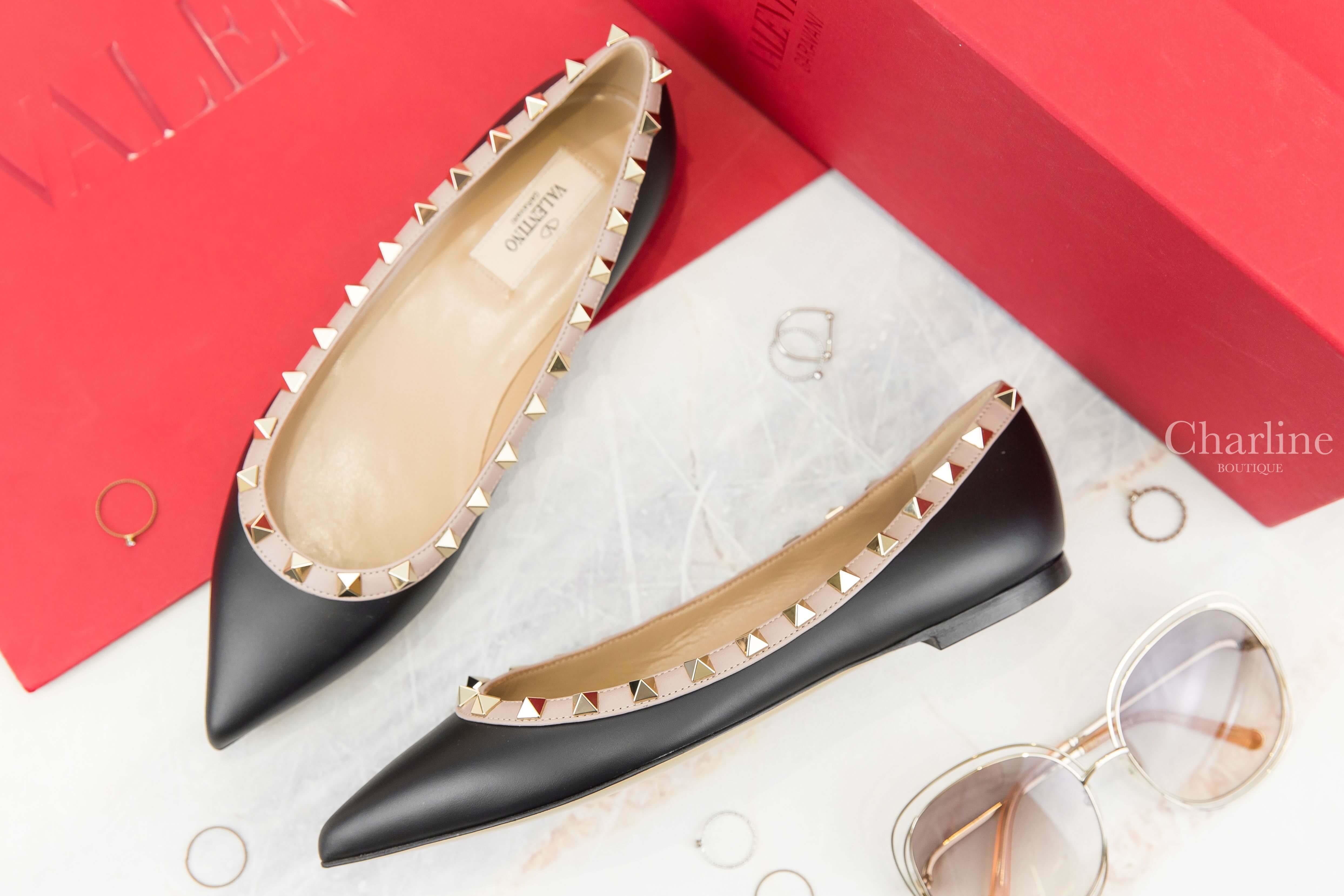Valentino Patent Rockstud Ballet Flat 黑色霧面粉色滾邊龐克卯釘羅馬芭蕾舞鞋-Charline Boutique 精品代購