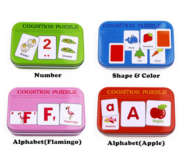 Cognition Puzzle （Number, Shapes & Colours, Alphabet Flamingo, Alphabet Apple)深蓝深青橙粉红