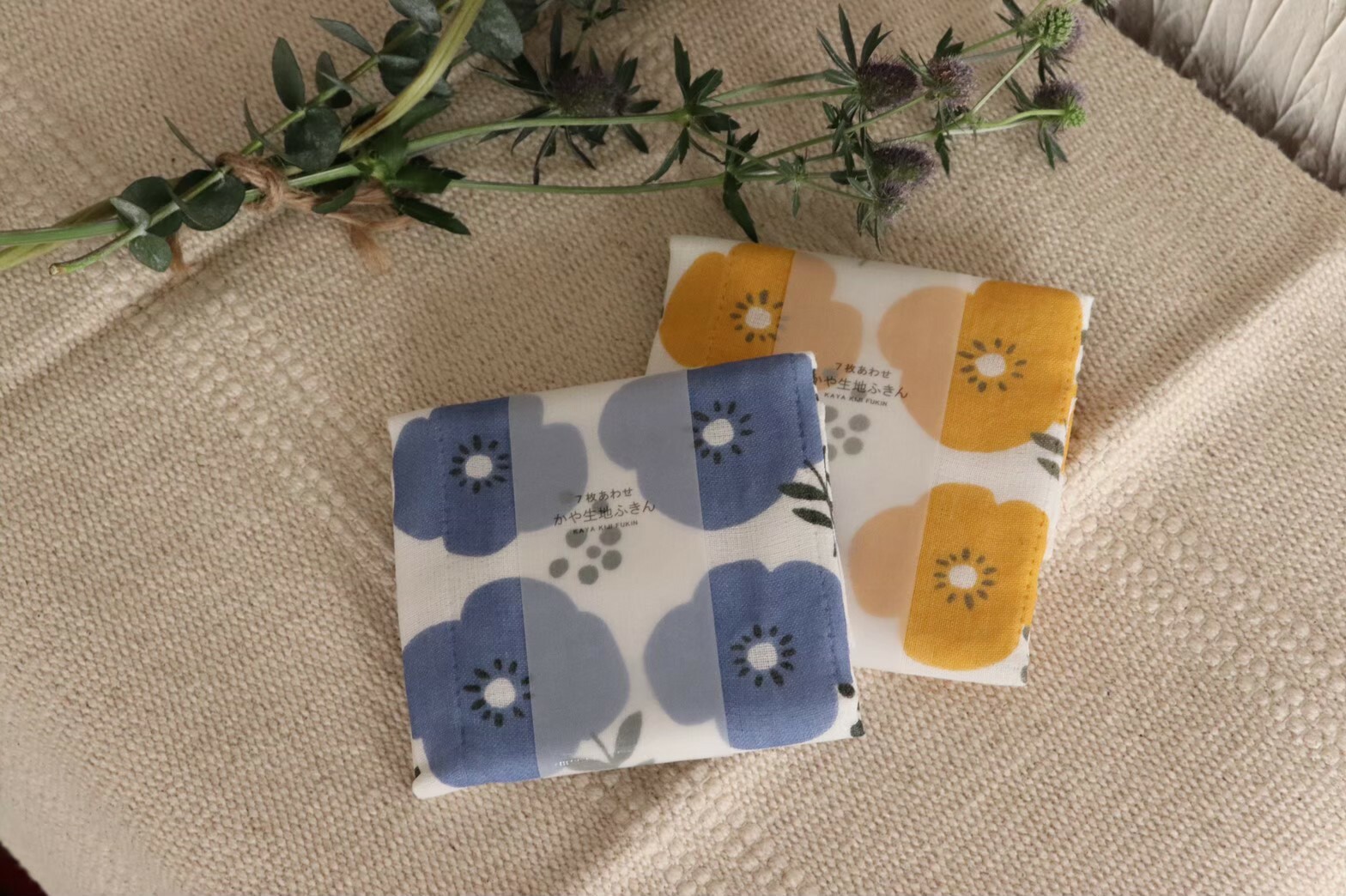 日本 原田織物 KAYA 七層棉紗 黃/藍花 蚊帳生地 抹布